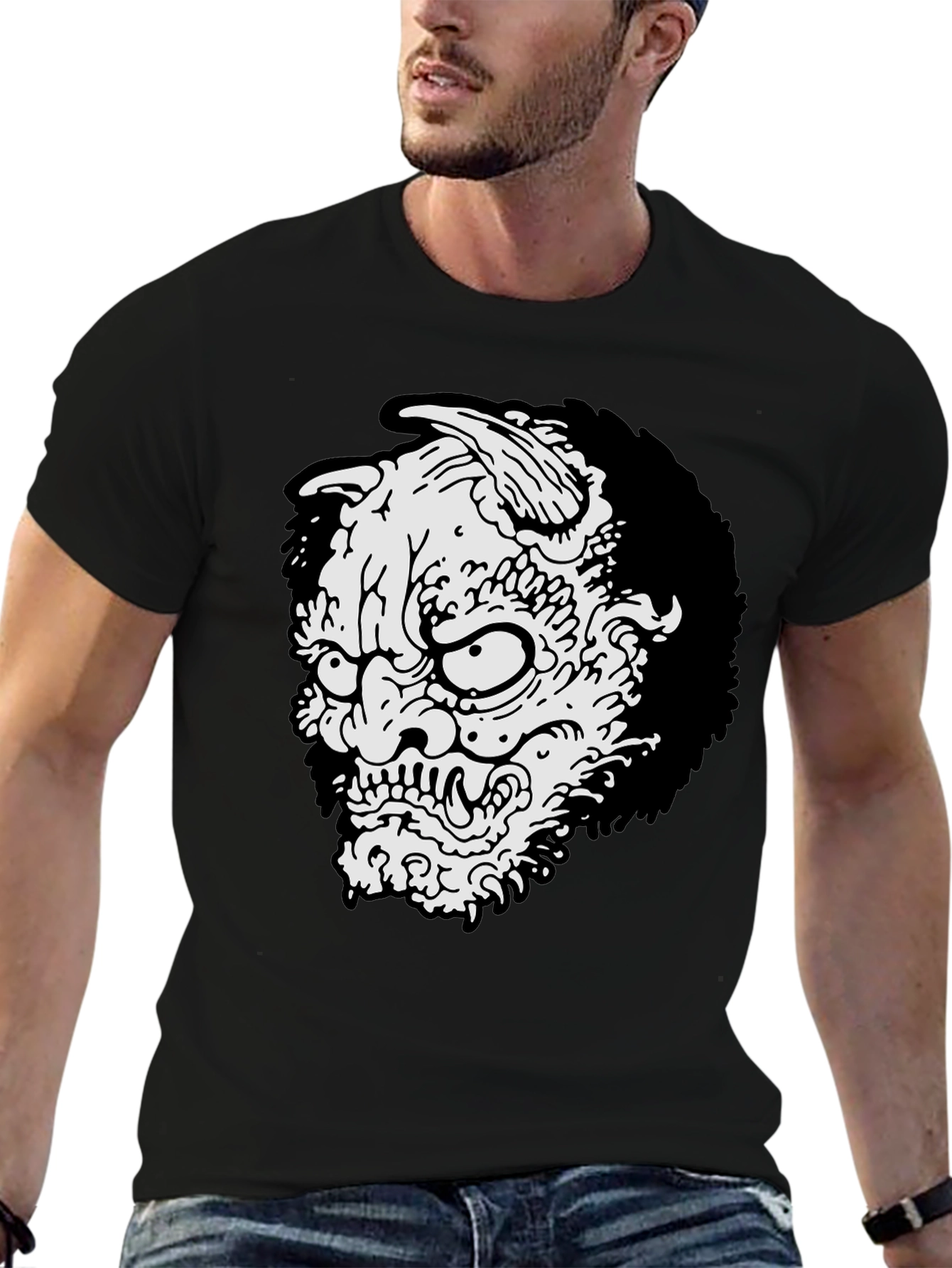 Mens Black T-shirt - Oni Mask Graphic