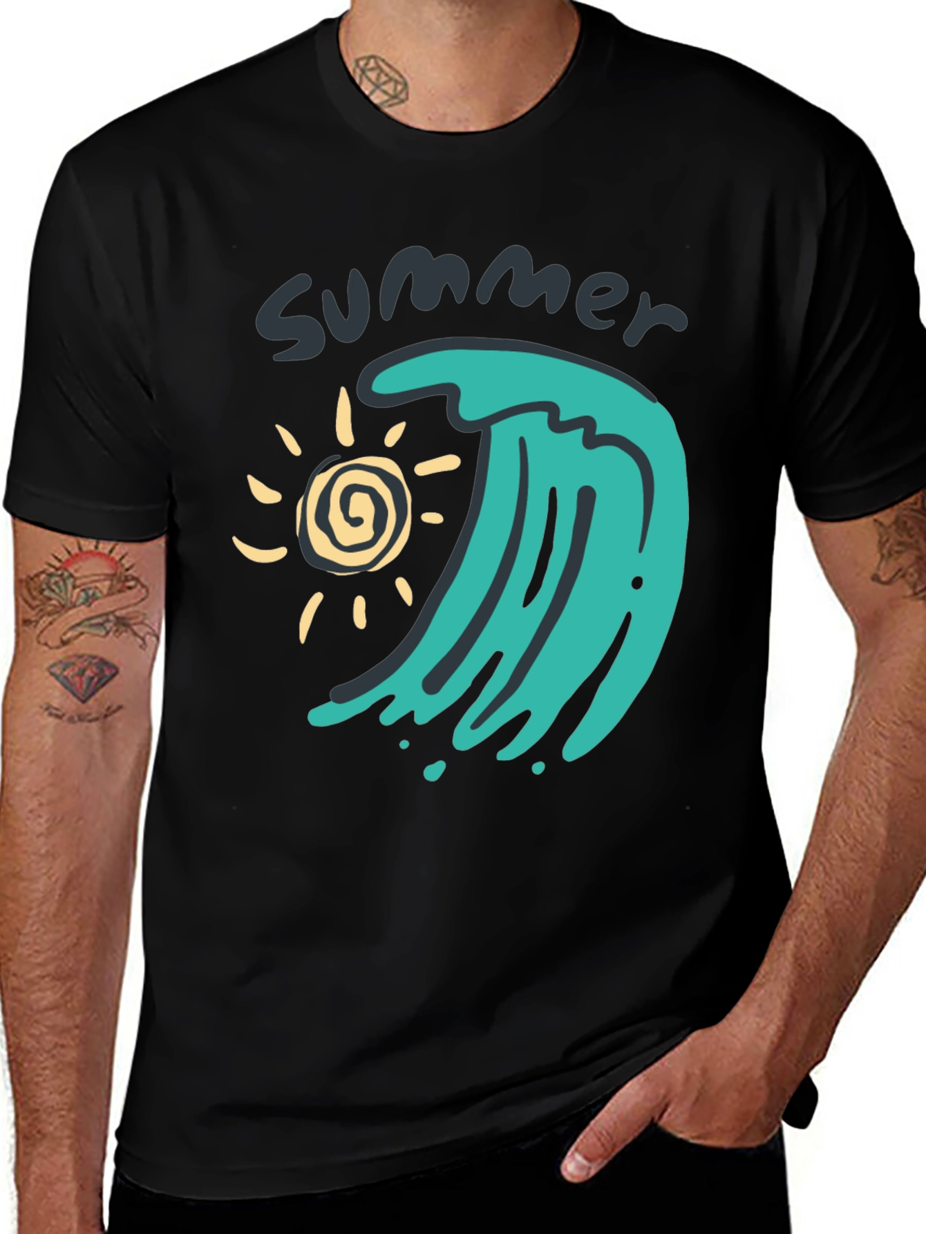 Summer Wave Graphic Tee - Black Cotton T-Shirt
