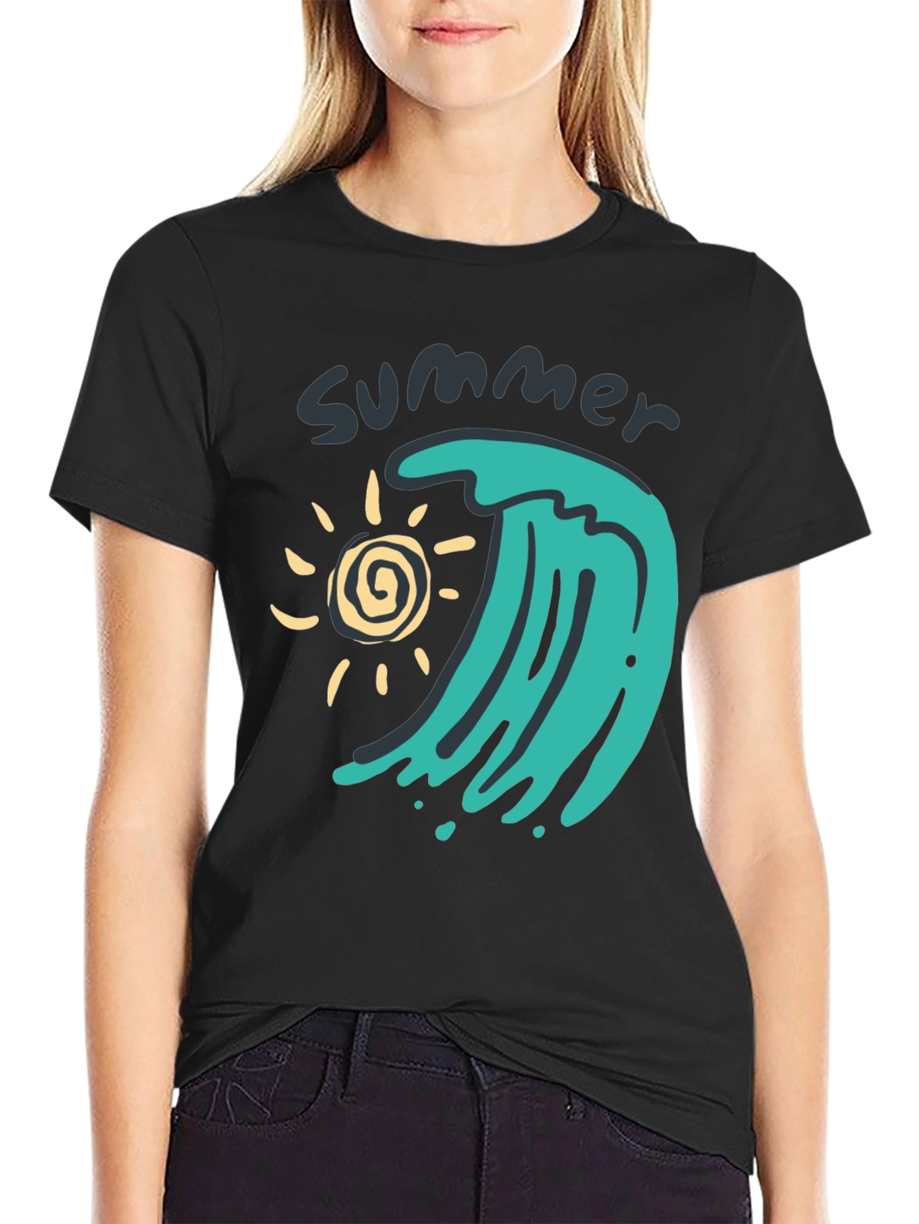 Summer Wave Graphic Tee - Black Cotton T-Shirt
