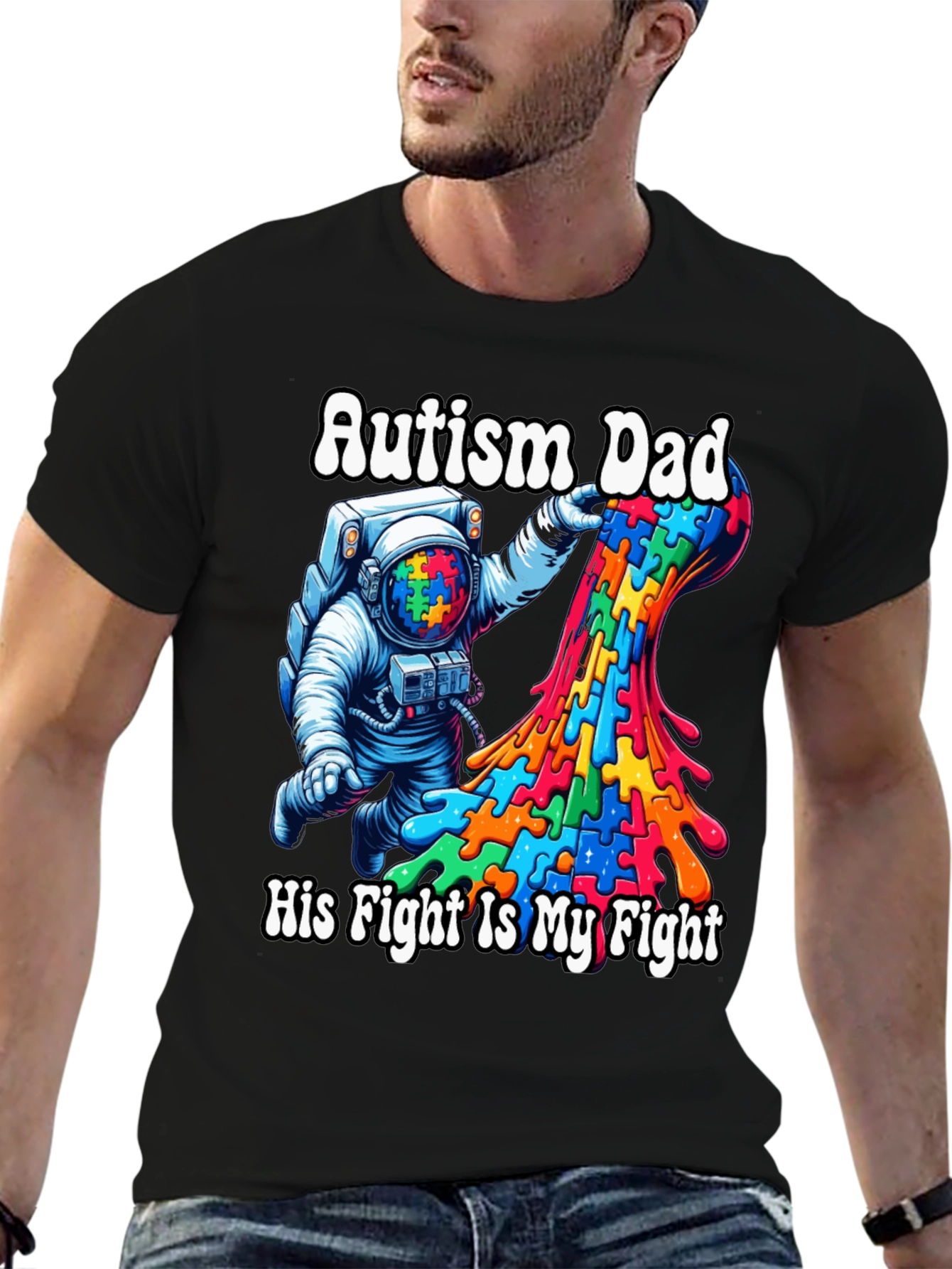Autism Dad T-Shirt Puzzle Piece Astronaut Tee