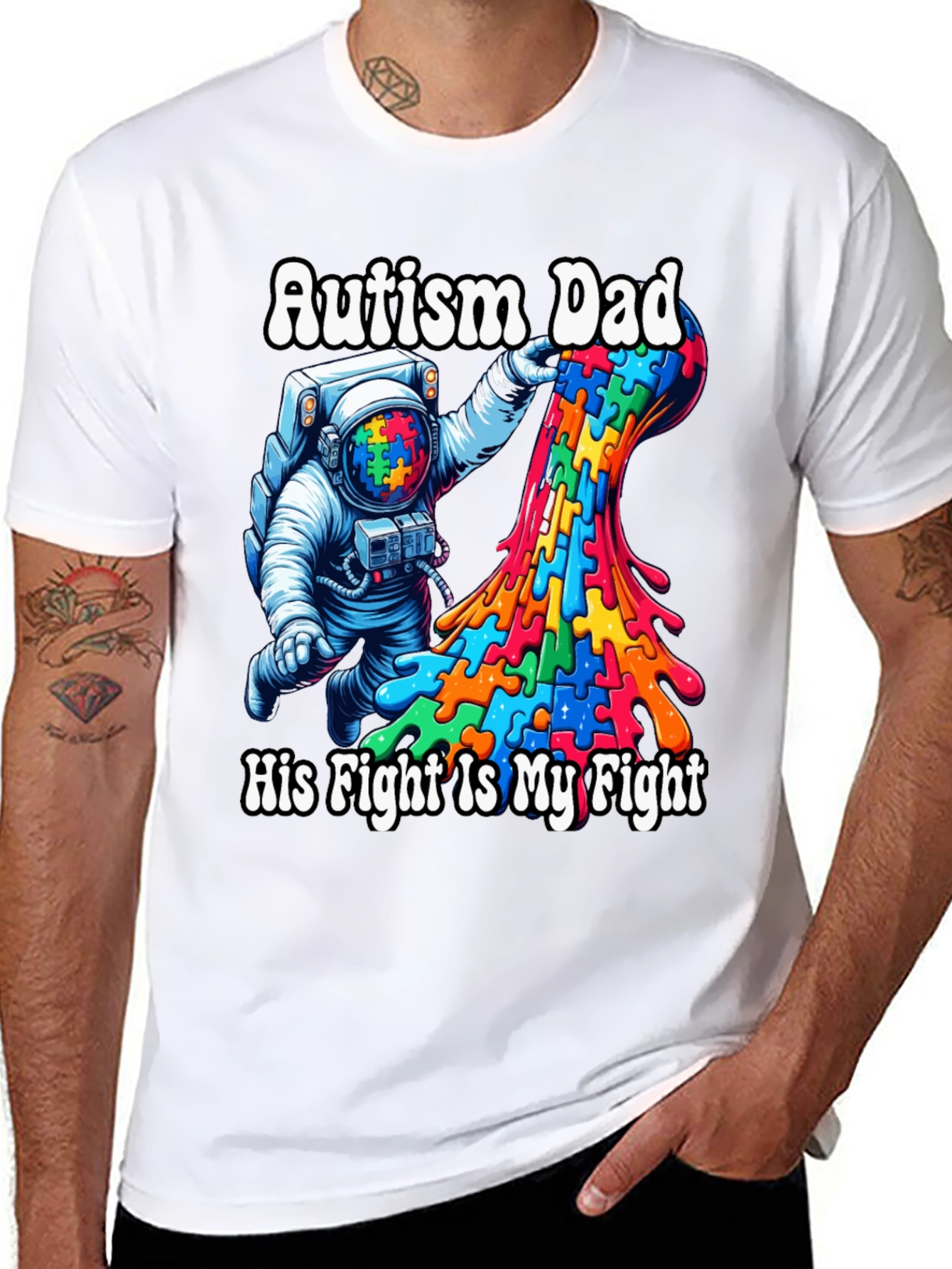Autism Dad T-Shirt Puzzle Piece Astronaut Tee