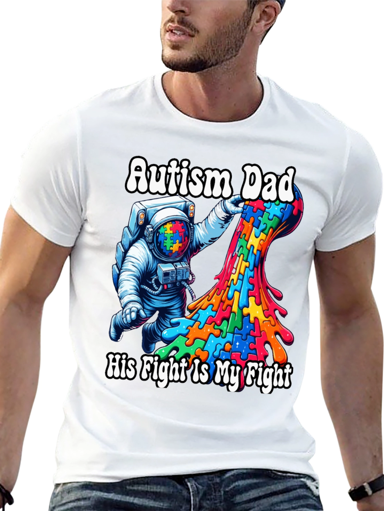 Autism Dad T-Shirt Puzzle Piece Astronaut Tee