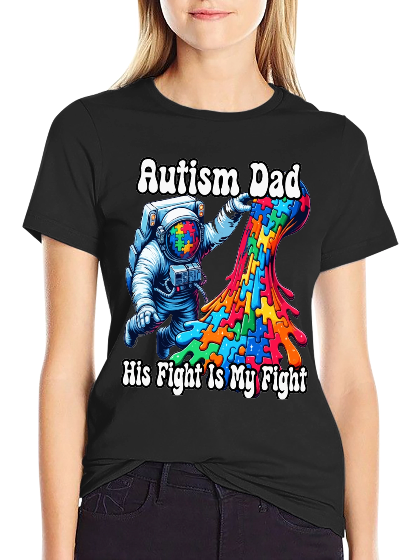 Autism Dad T-Shirt Puzzle Piece Astronaut Tee