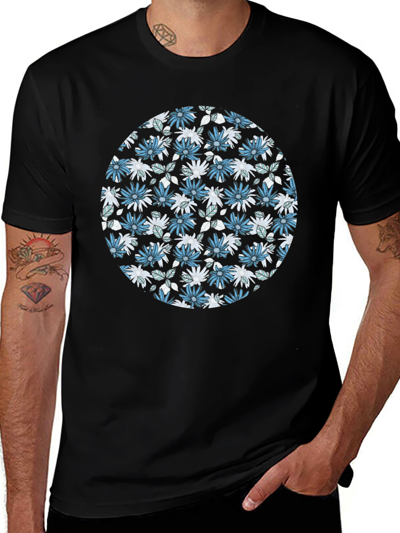 Floral Print Mens Black T-Shirt