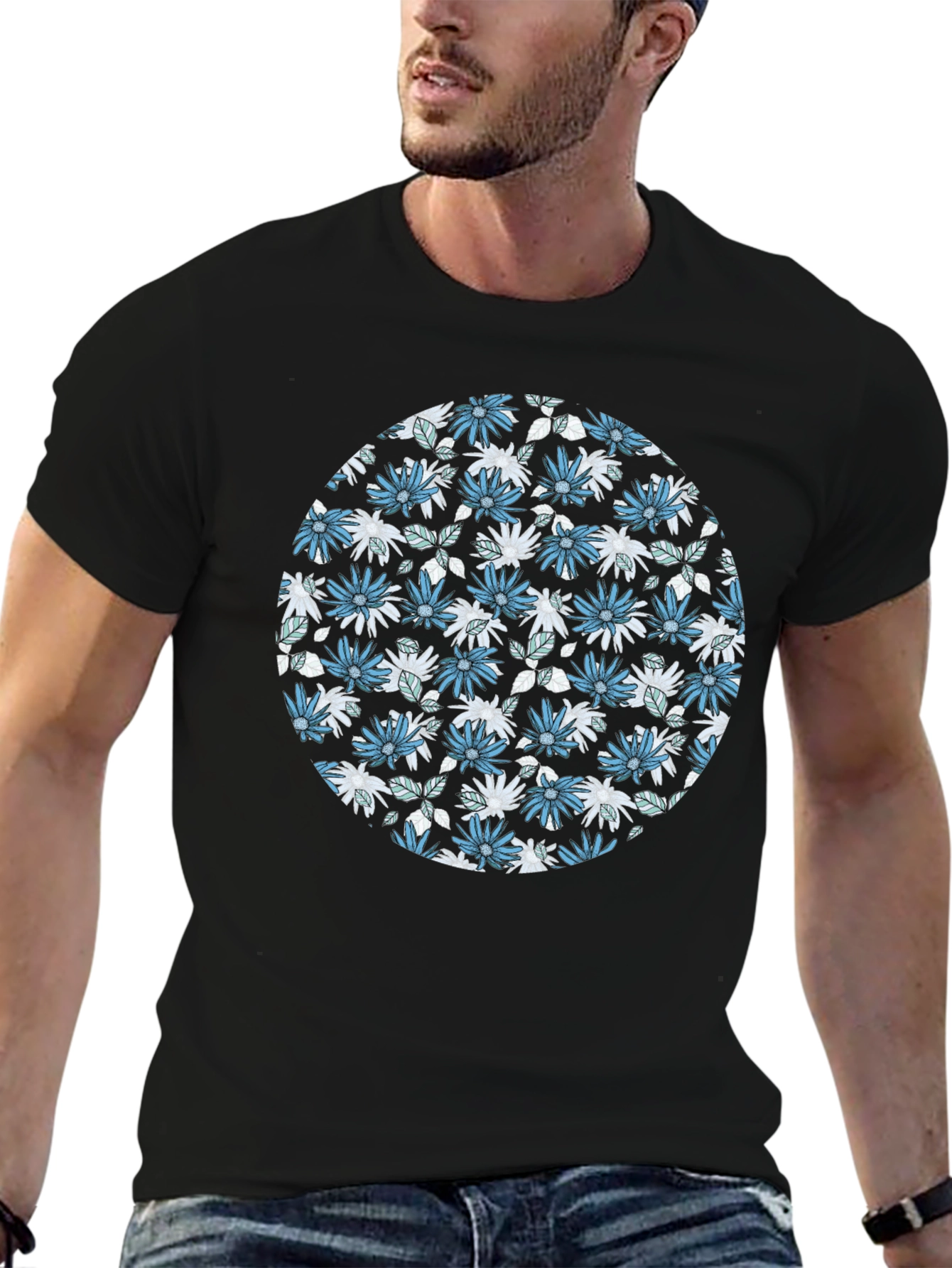 Floral Print Mens Black T-Shirt