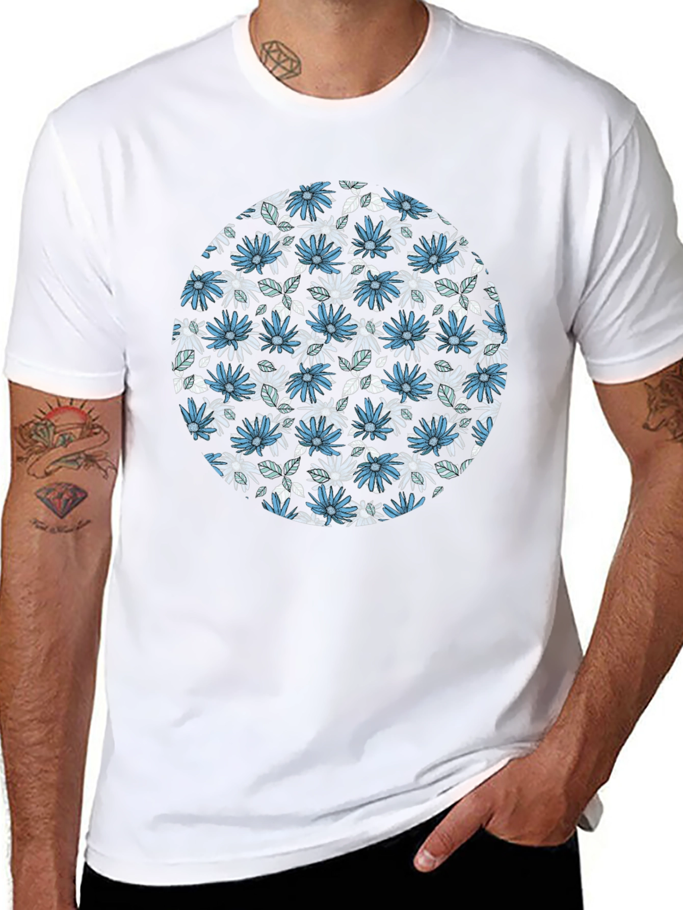 Floral Print Mens Black T-Shirt
