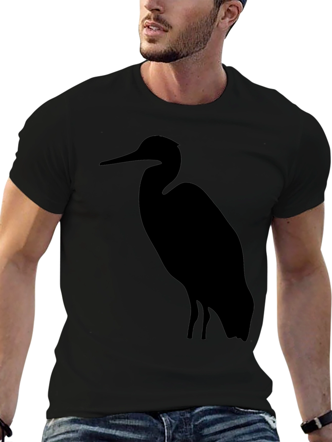 Heron Silhouette Graphic Tee - Black Cotton T-Shirt