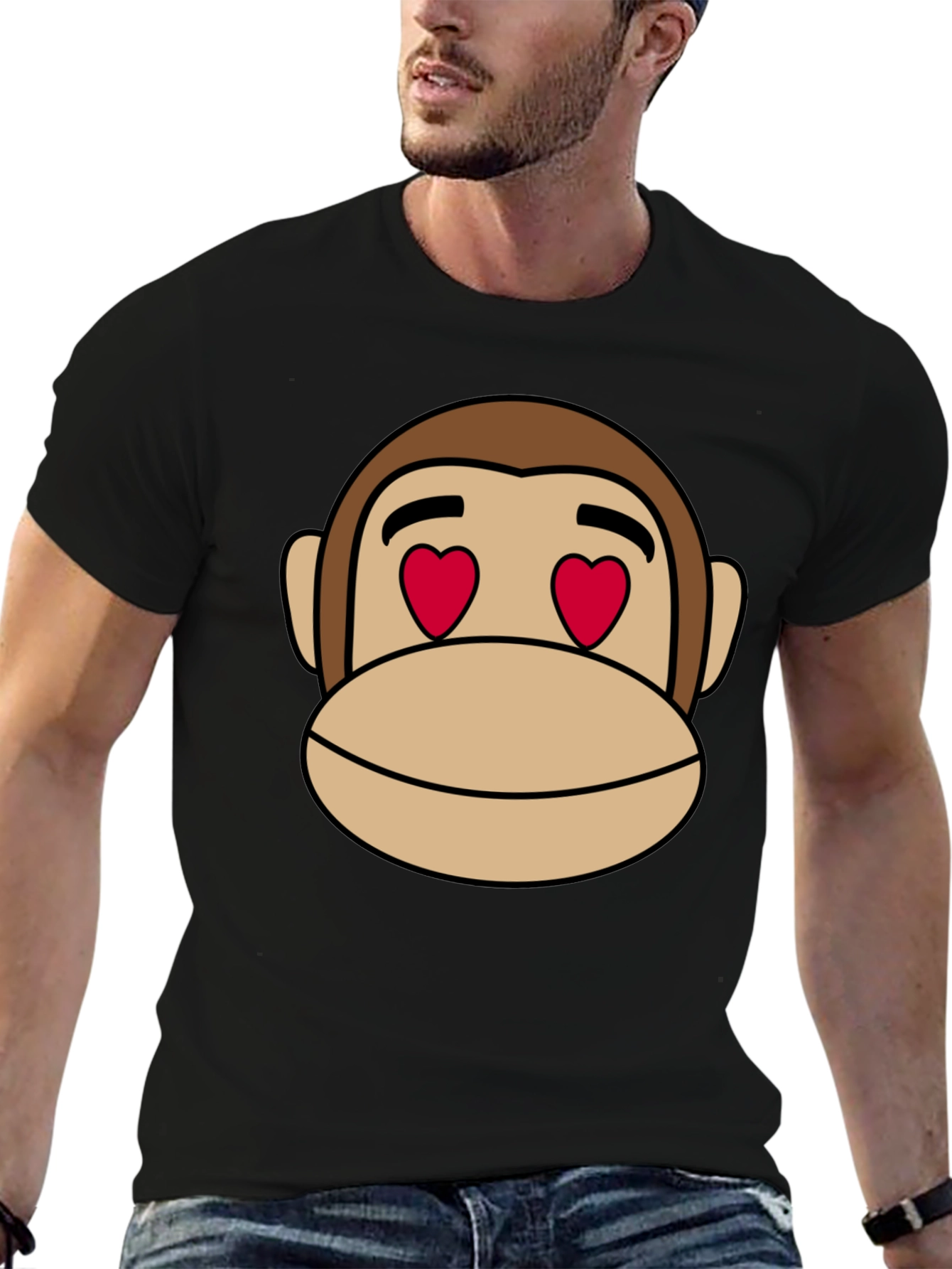 Monkey Face Heart Eyes T-Shirt - Black Cotton
