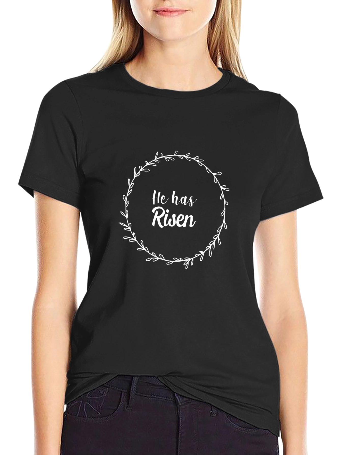 He Has Risen Black T-Shirt with Floral Wreath
