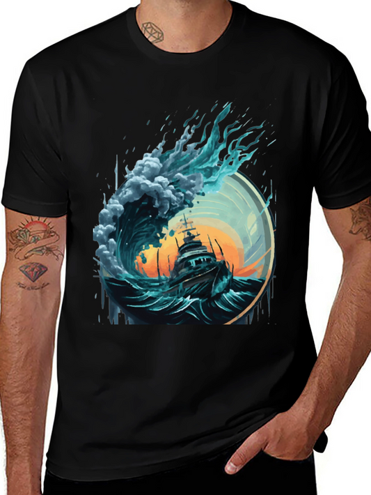 Ocean Wave Ship Graphic Tee - Black