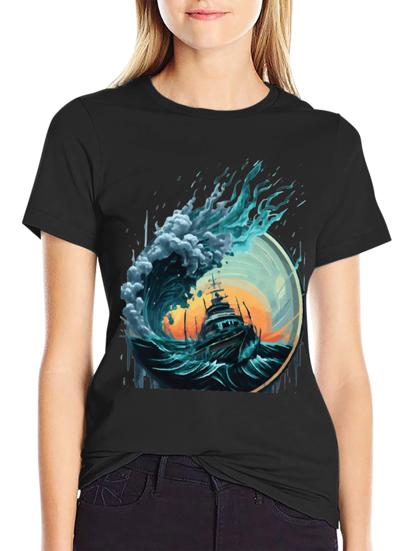 Ocean Wave Ship Graphic Tee - Black