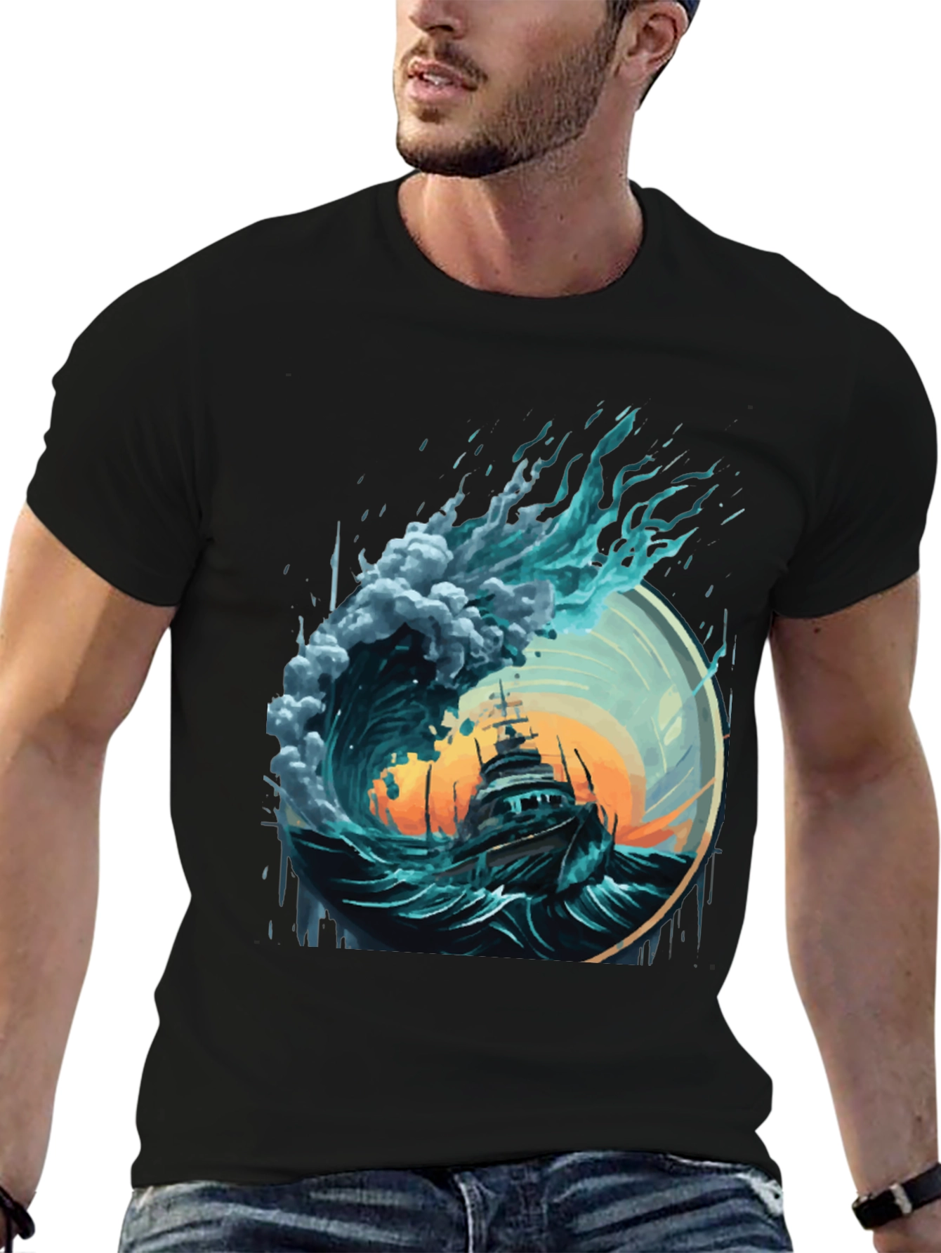 Ocean Wave Ship Graphic Tee - Black