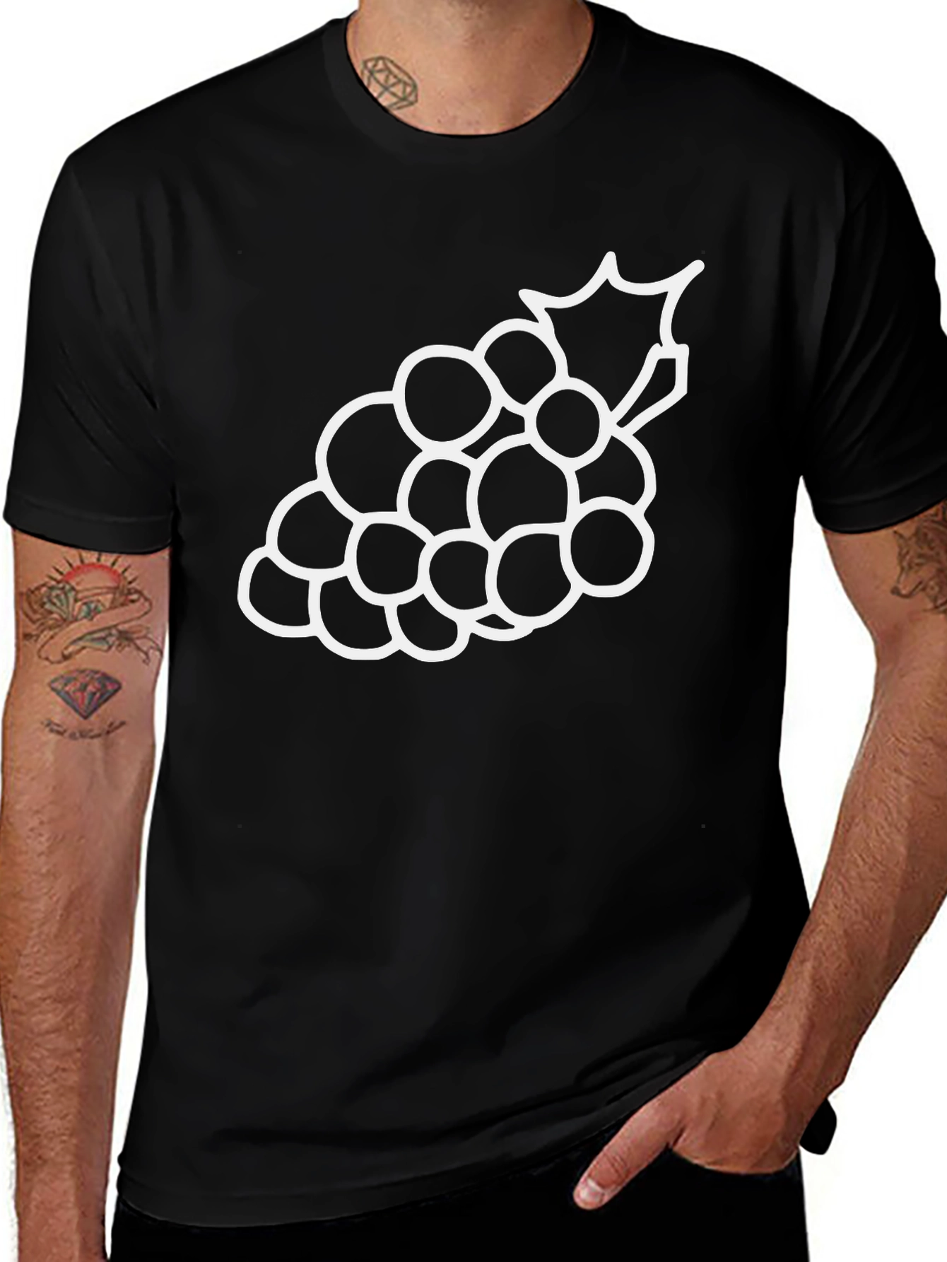 Grape Outline Graphic Tee - Casual Black T-Shirt