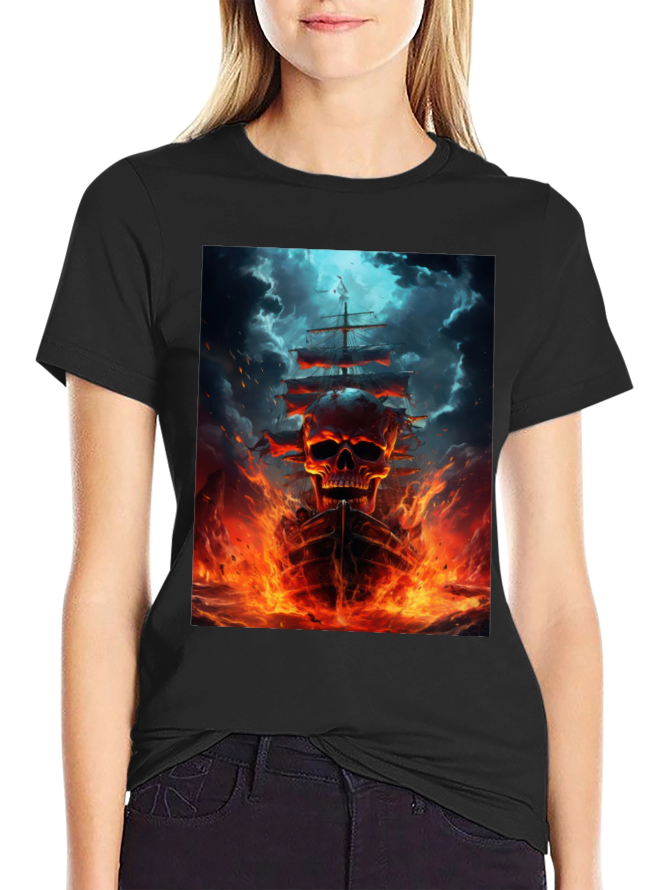 Skull Ship Graphic Black T-Shirt