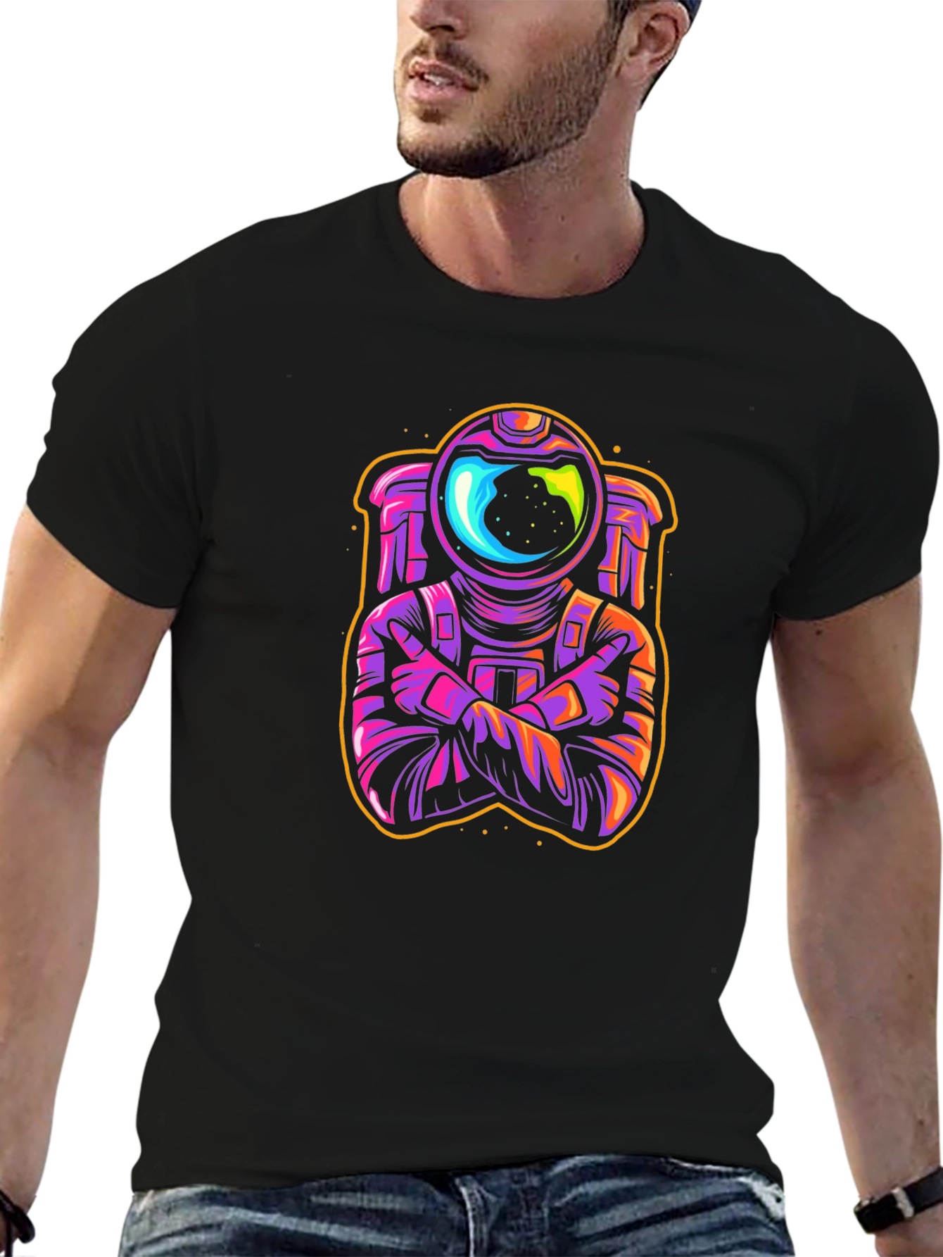 Cool Spaceman Graphic T-Shirt - Black Crew Neck Tee