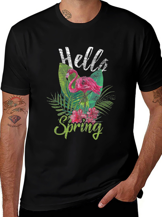 Hello Spring Flamingo Graphic Tee - Trendy Casual Top