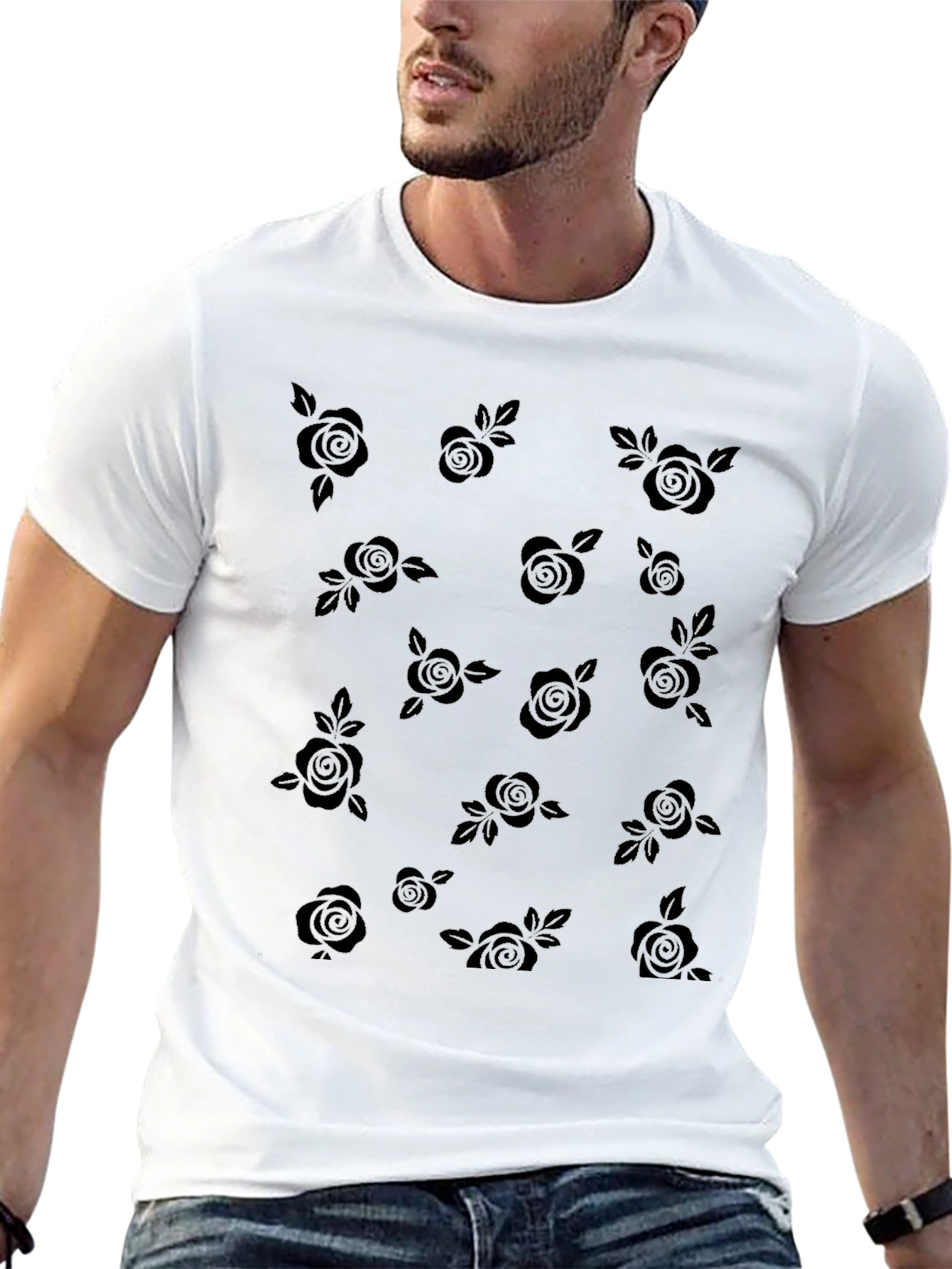 Black Roses Patterned Black T-Shirt