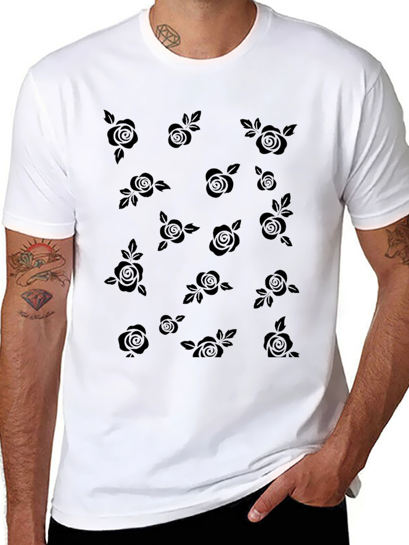 Black Roses Patterned Black T-Shirt