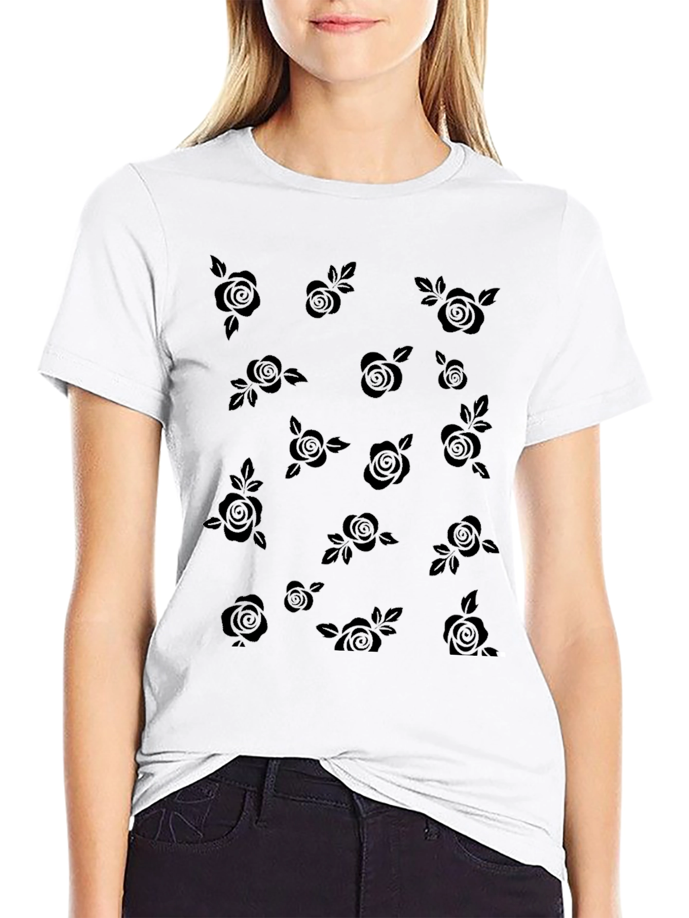 Black Roses Patterned Black T-Shirt
