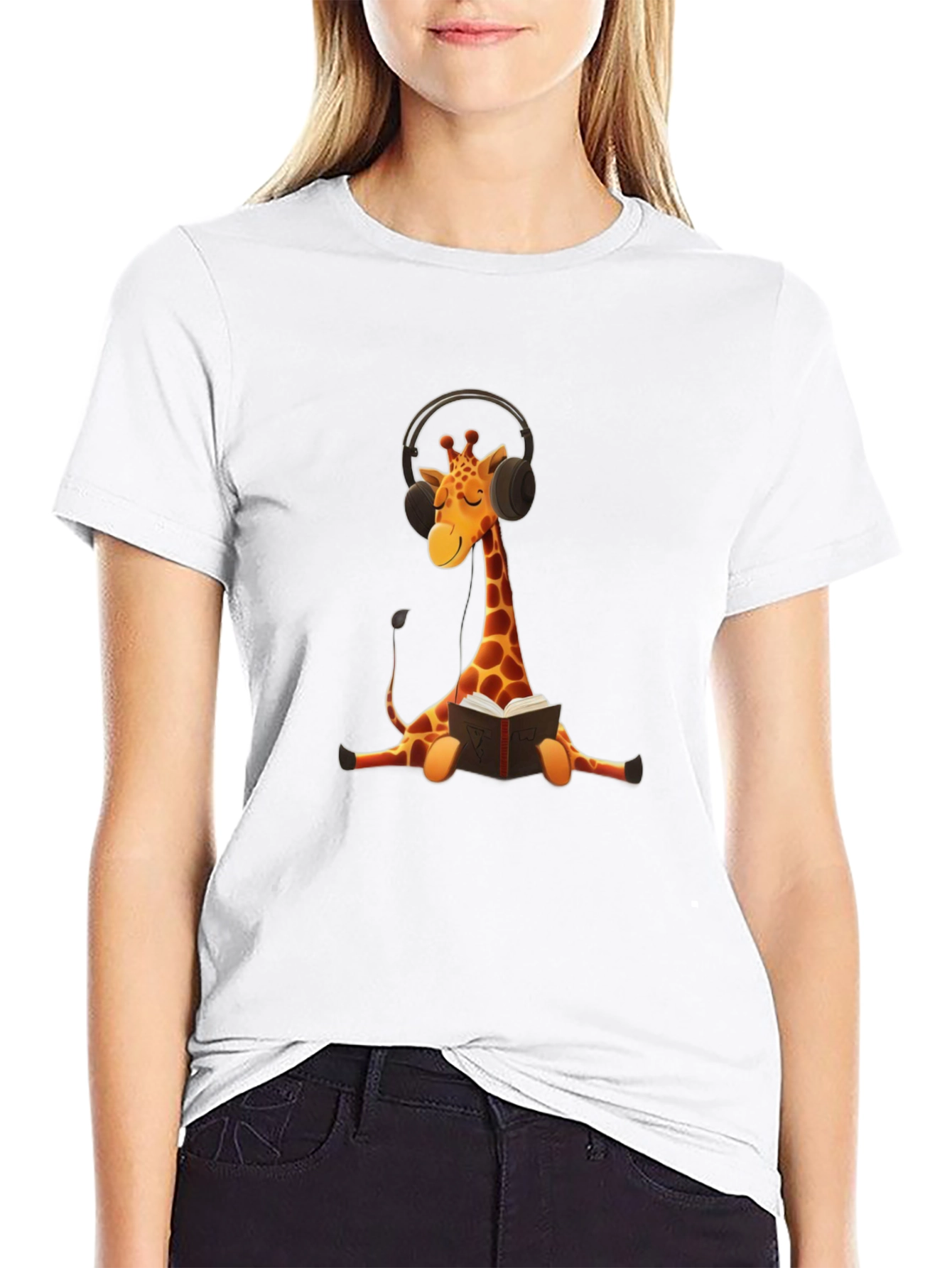 Giraffe Headphone Bookworm Graphic Tee