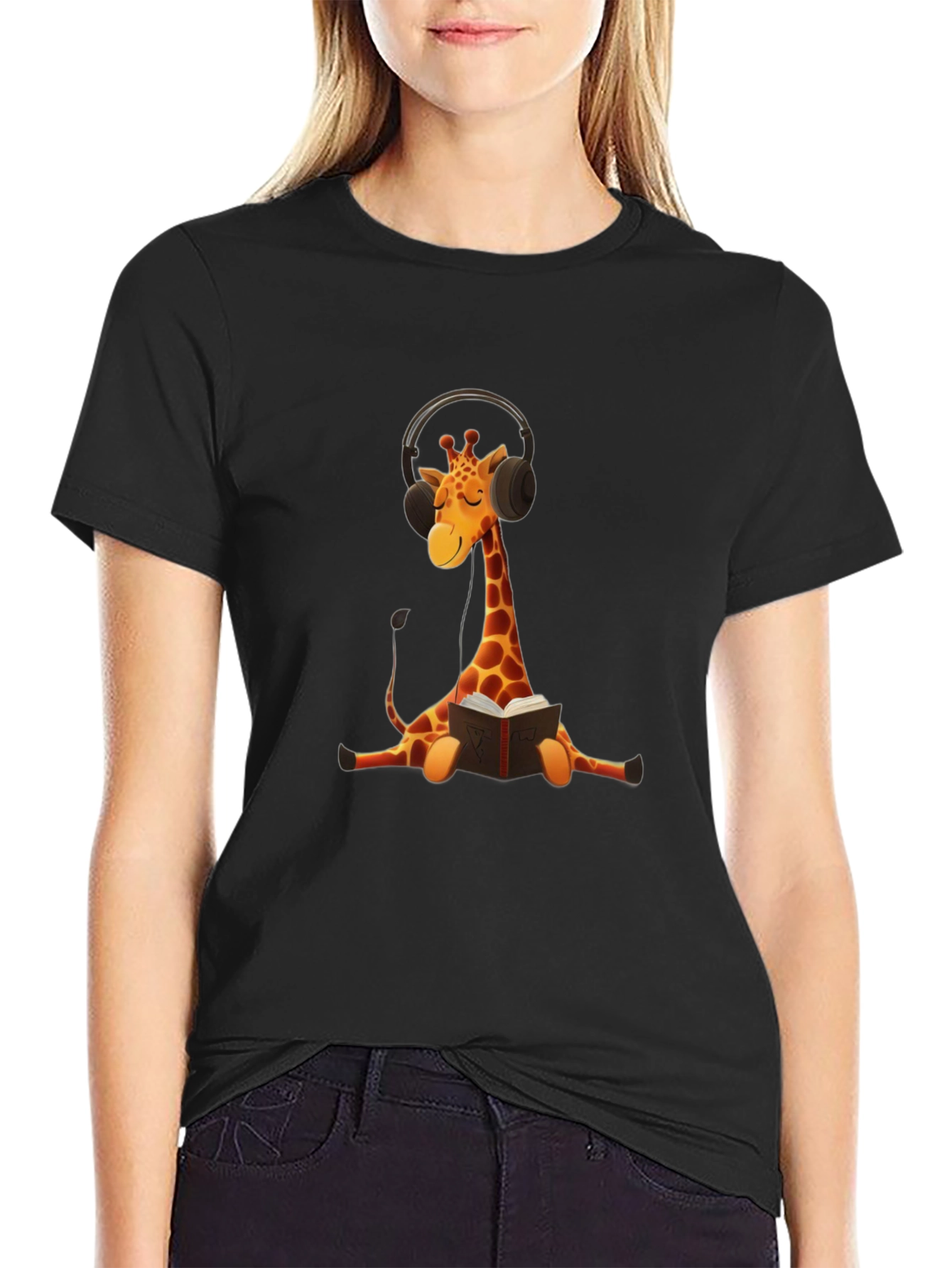 Giraffe Headphone Bookworm Graphic Tee