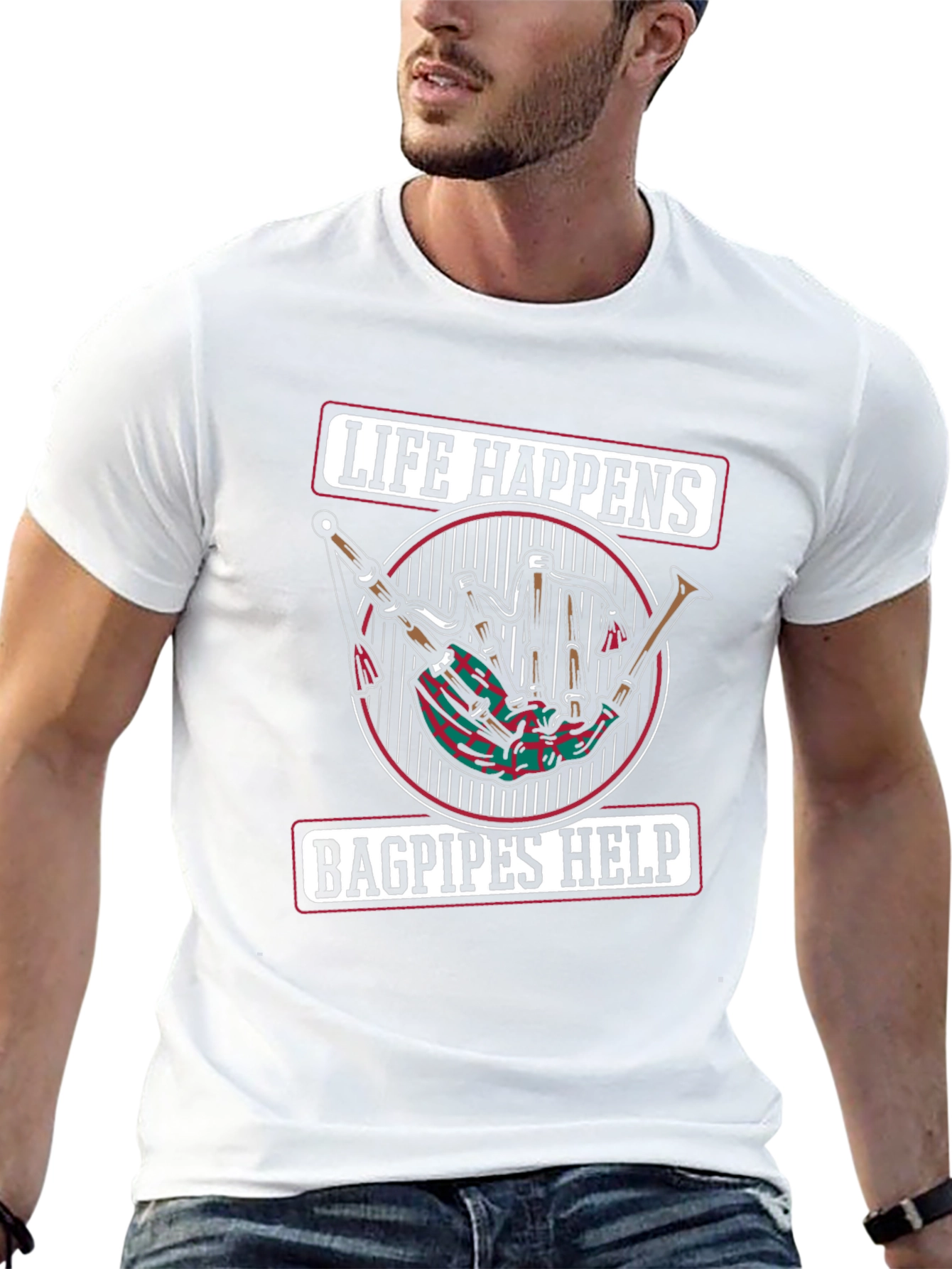 Life Happens Bagpipes Help Black T-Shirt