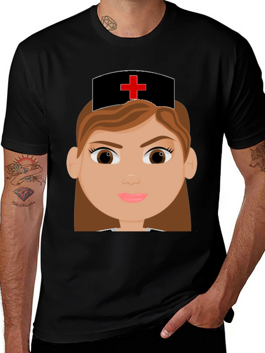 Cartoon Nurse Graphic Tee - Black Cotton Blend T-Shirt