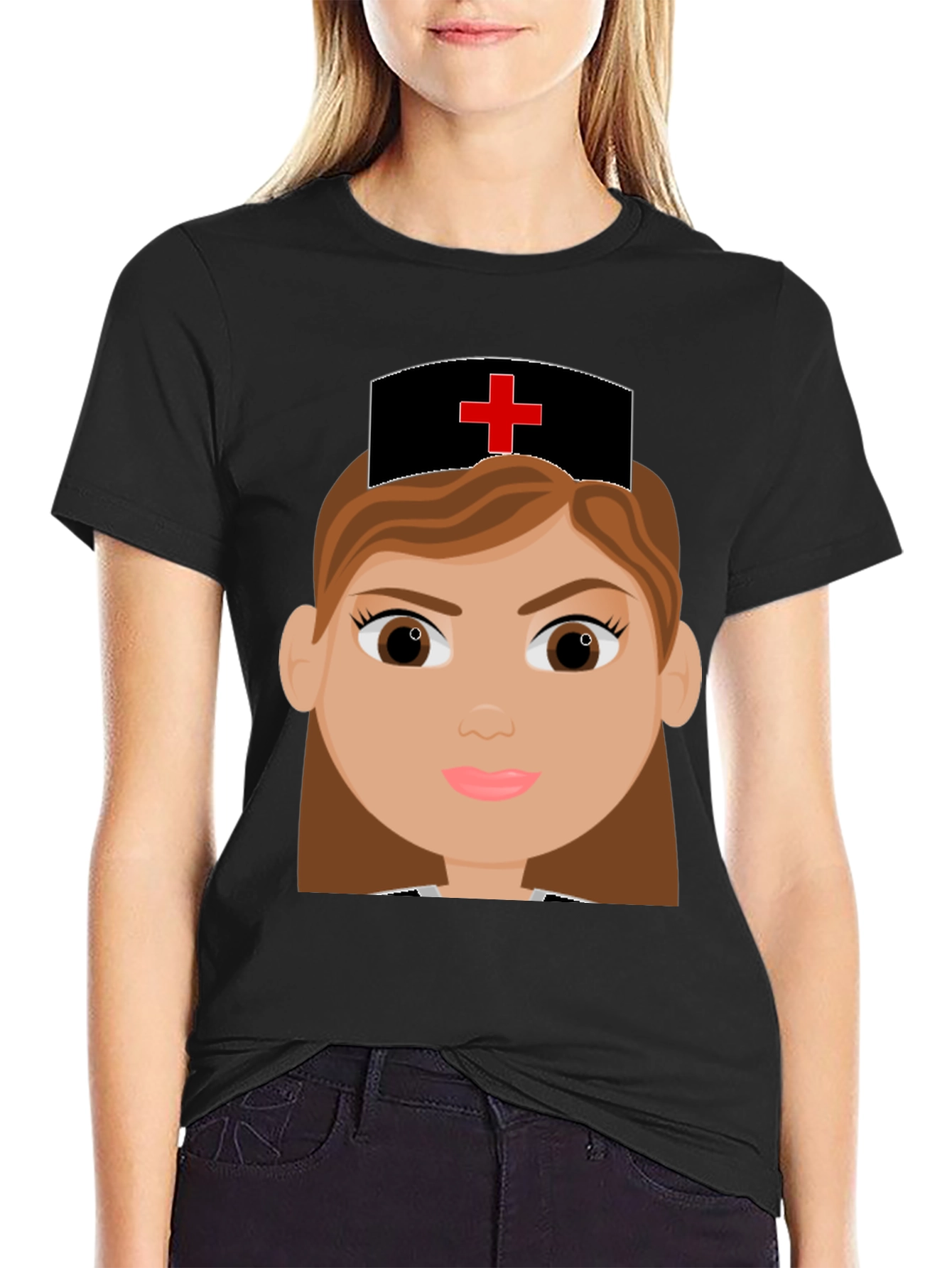 Cartoon Nurse Graphic Tee - Black Cotton Blend T-Shirt