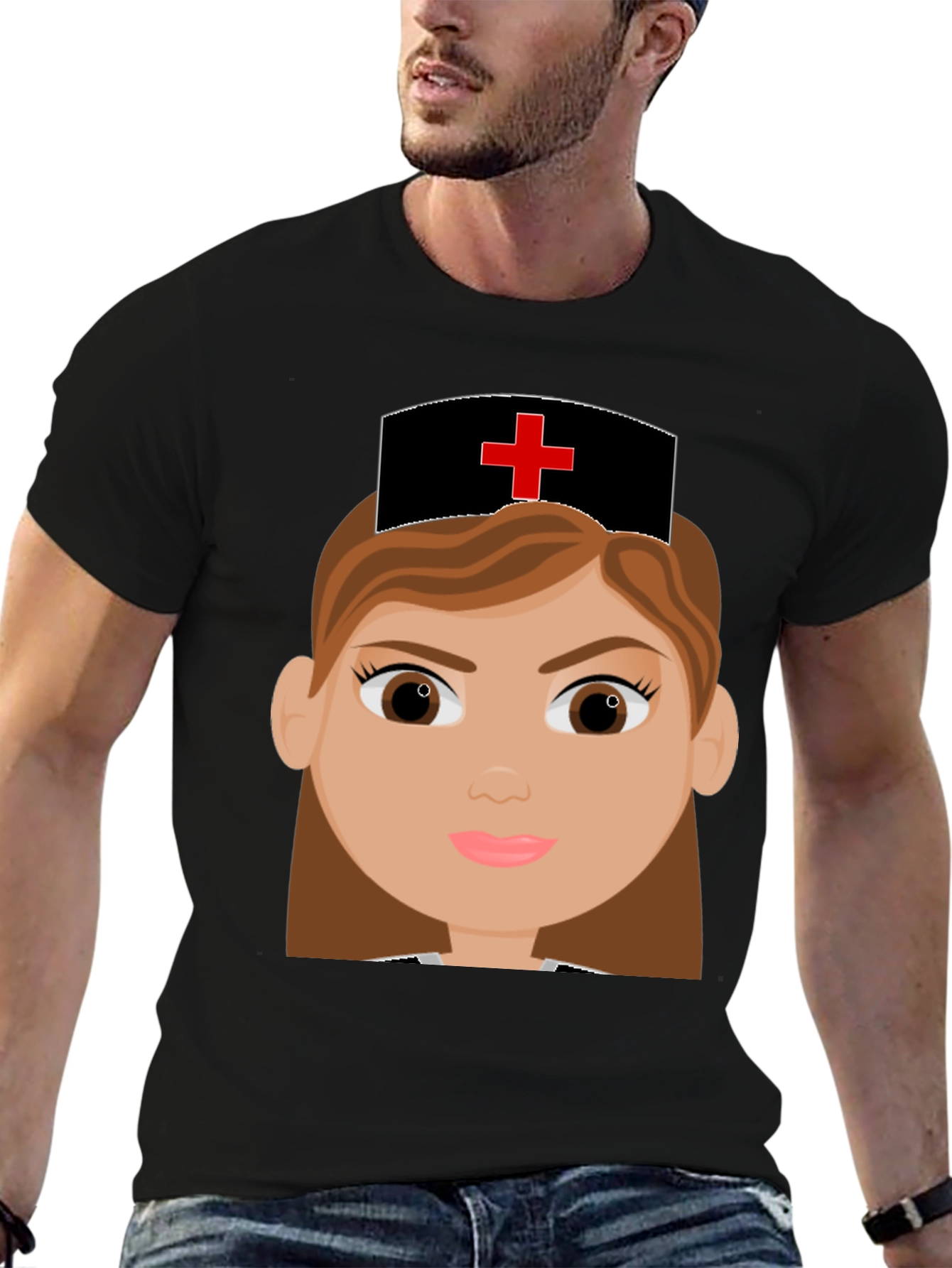Cartoon Nurse Graphic Tee - Black Cotton Blend T-Shirt