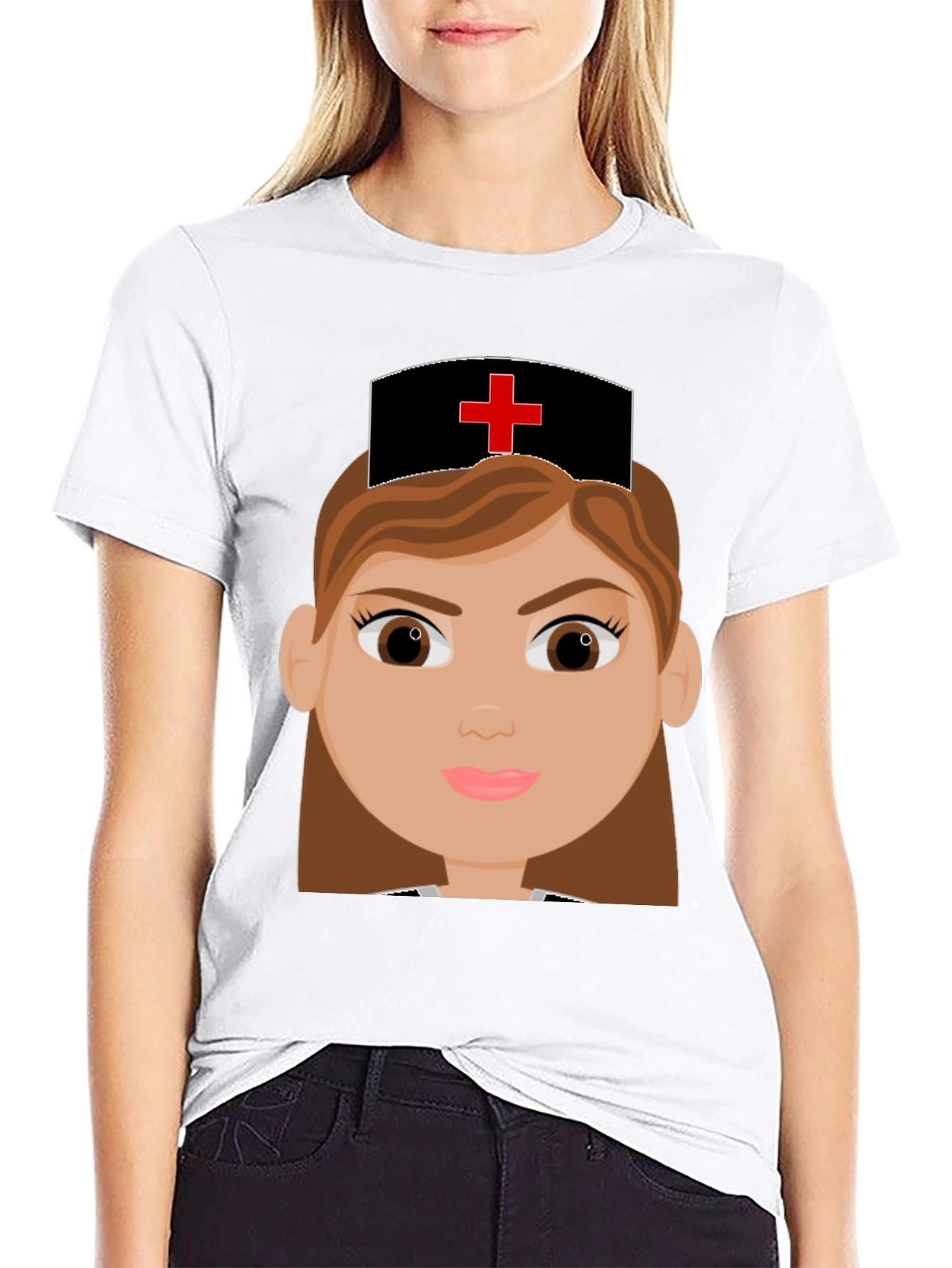 Cartoon Nurse Graphic Tee - Black Cotton Blend T-Shirt