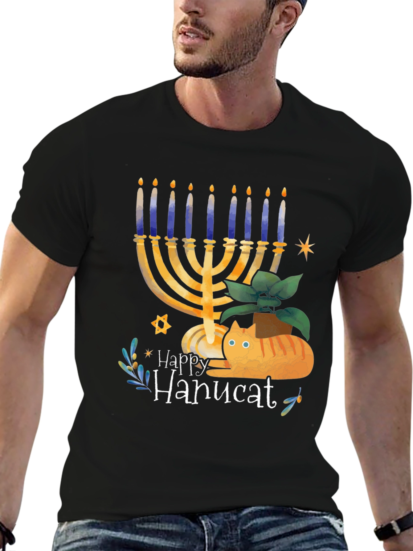 Happy Hanucat Black Graphic Tee