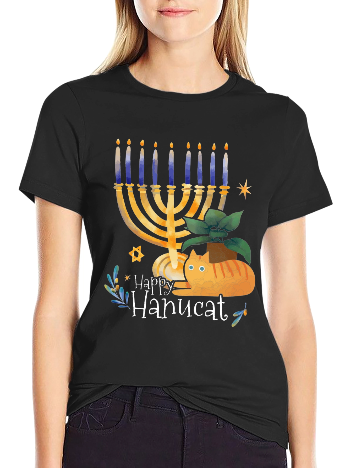 Happy Hanucat Black Graphic Tee