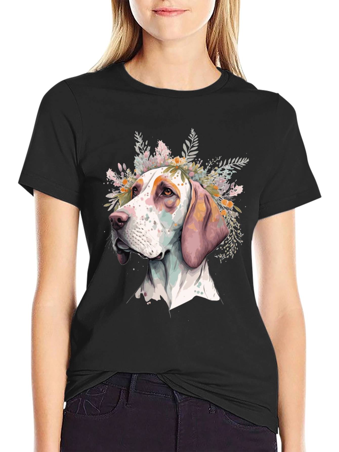 Dog with Flowers Graphic Tee - Unisex Black T-Shirt