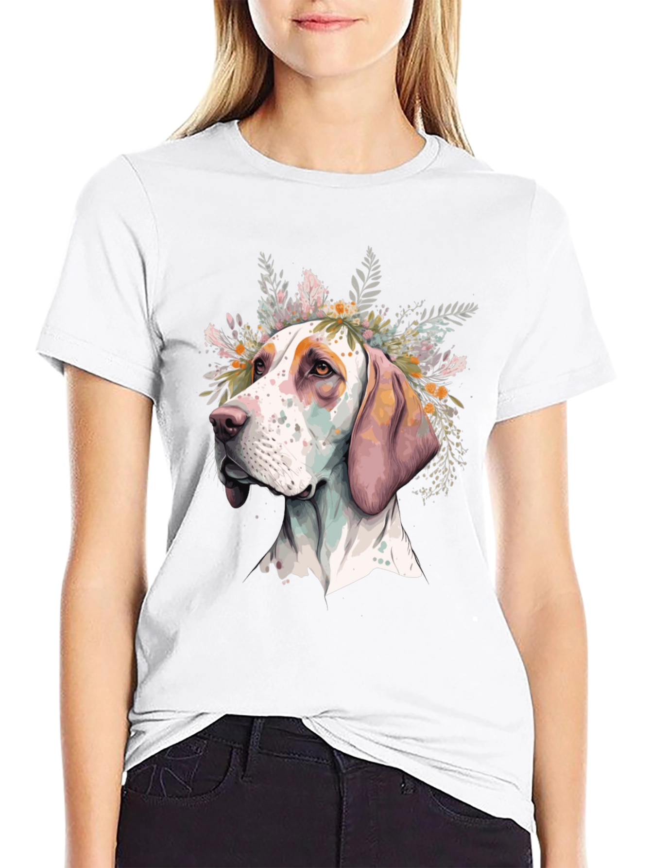 Dog with Flowers Graphic Tee - Unisex Black T-Shirt