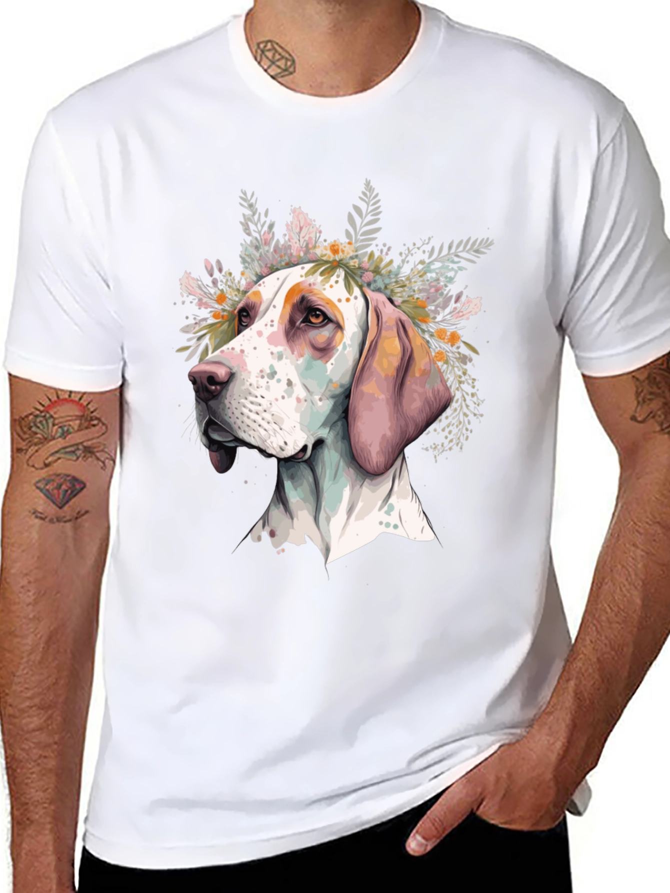 Dog with Flowers Graphic Tee - Unisex Black T-Shirt