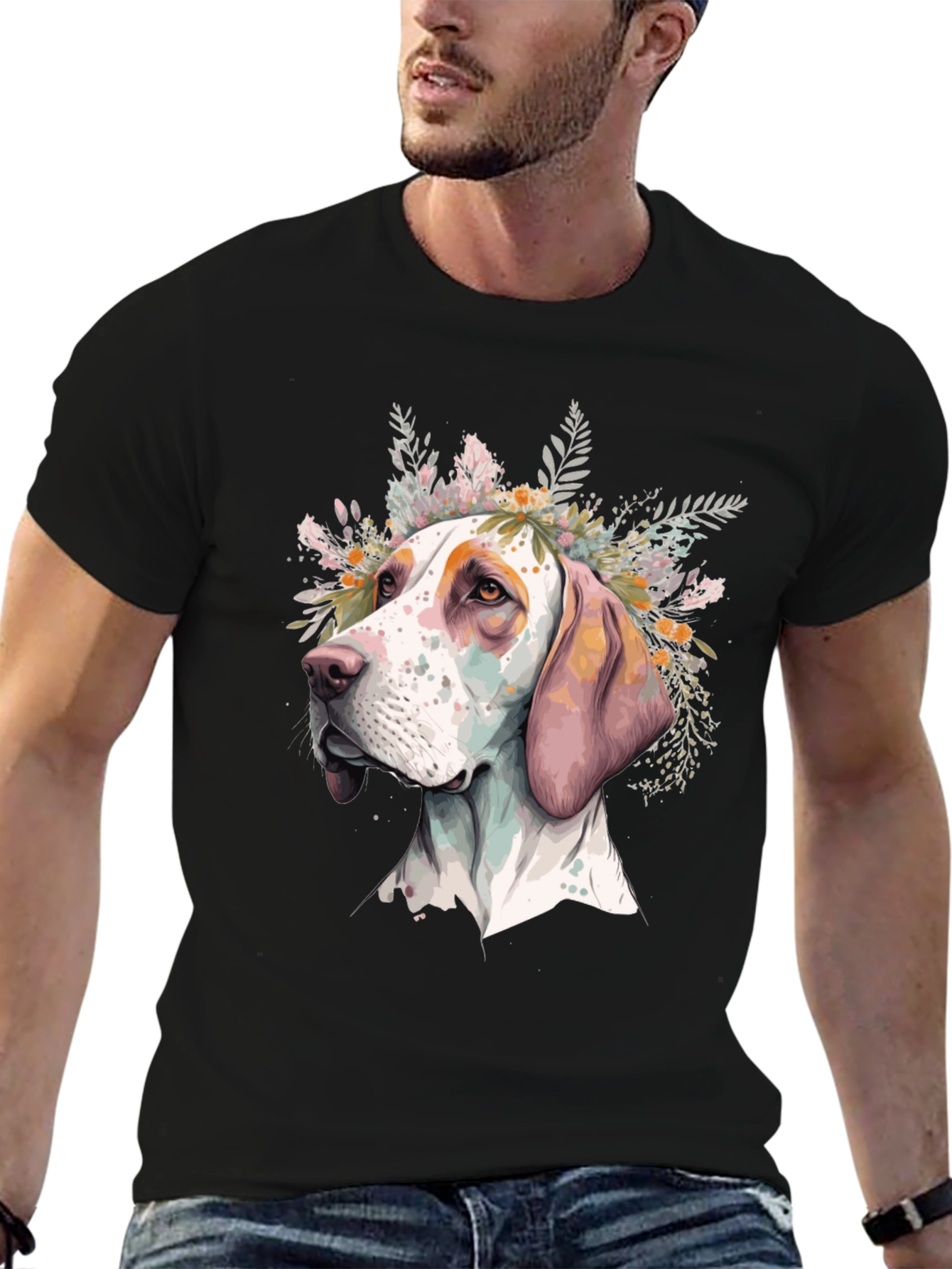 Dog with Flowers Graphic Tee - Unisex Black T-Shirt
