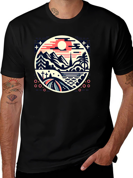 Retro Landscape Graphic Tee - Black Cotton Blend