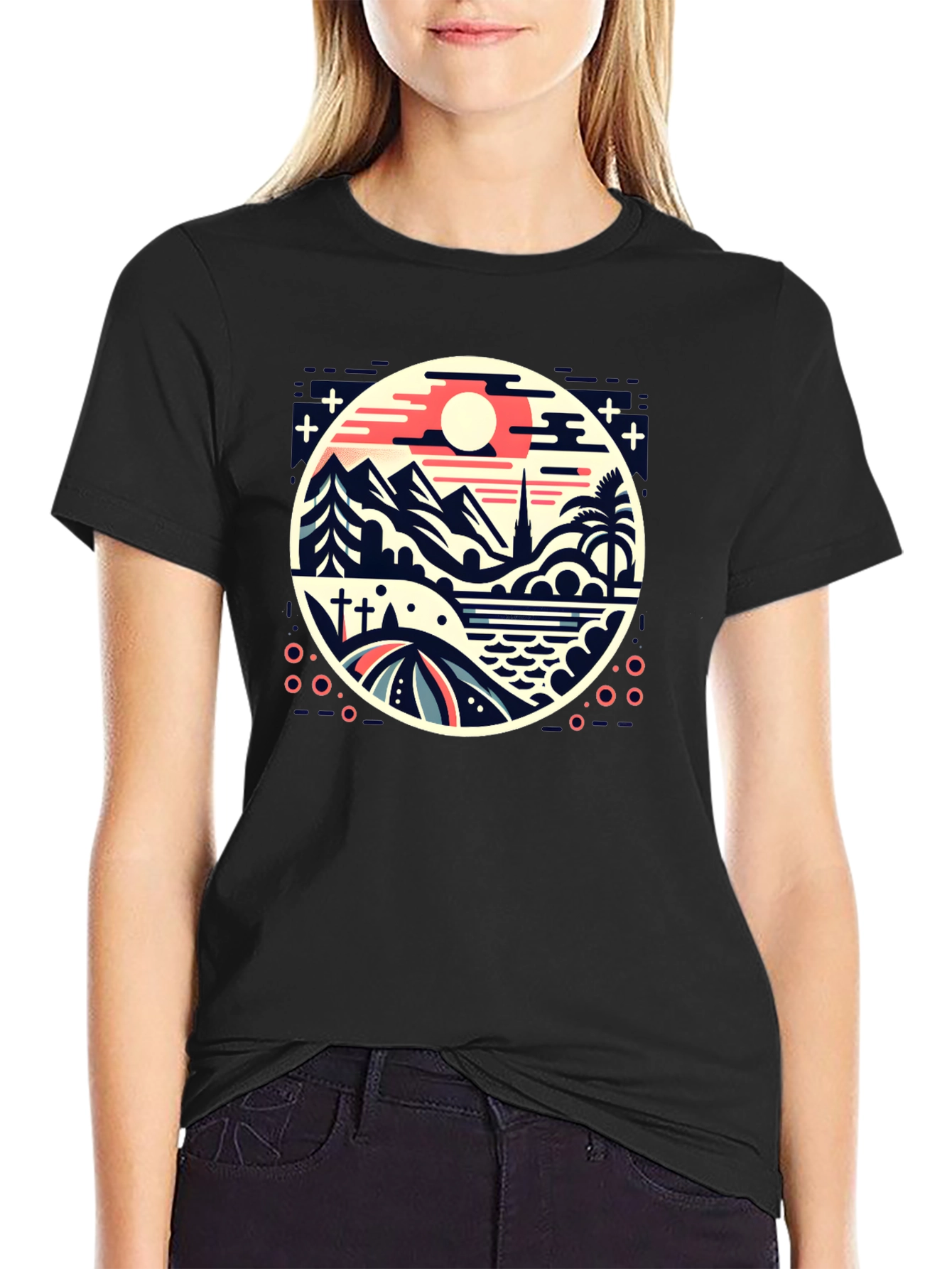 Retro Landscape Graphic Tee - Black Cotton Blend