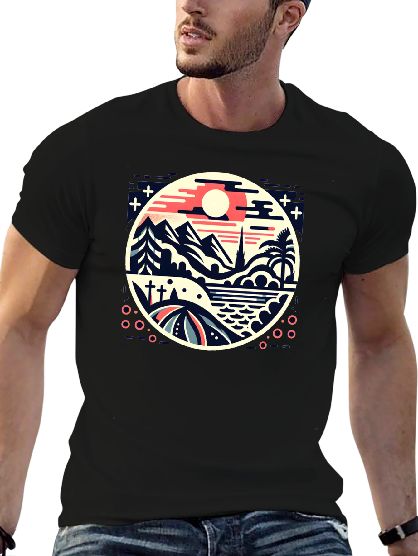 Retro Landscape Graphic Tee - Black Cotton Blend