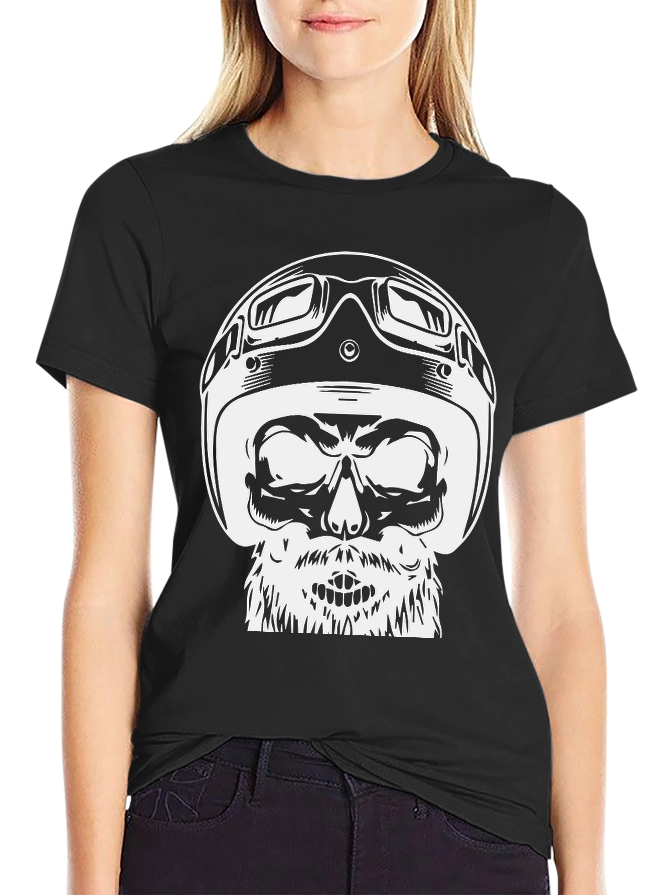 Skull Helmet Graphic Tee - Black Cotton T-Shirt