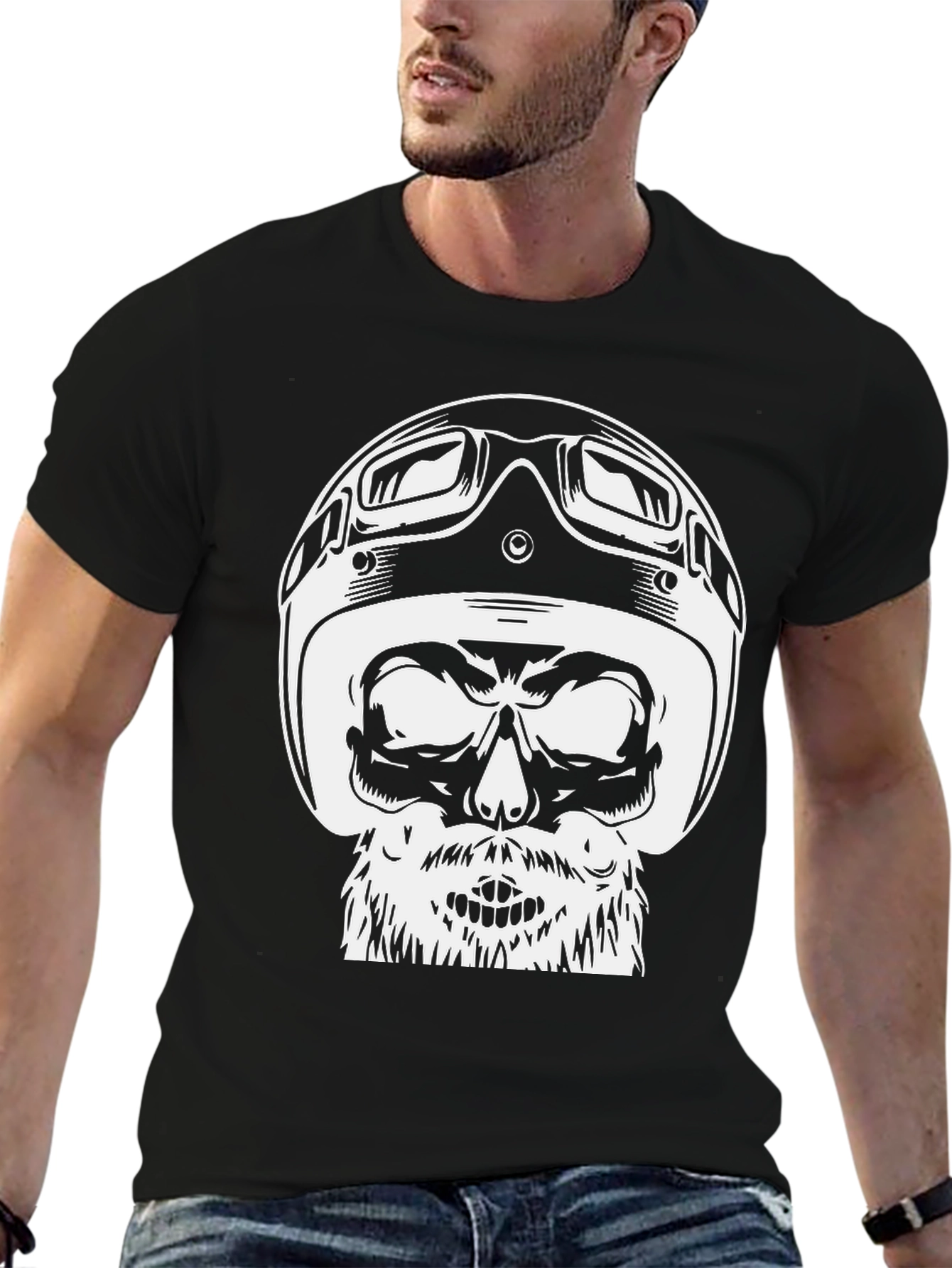 Skull Helmet Graphic Tee - Black Cotton T-Shirt
