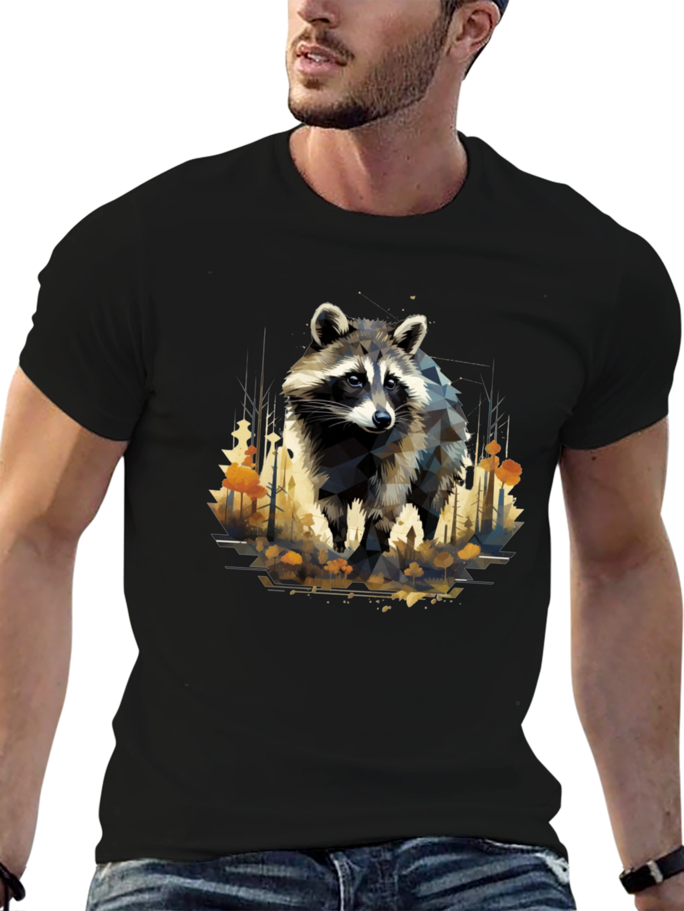 Geometric Raccoon Black T-Shirt