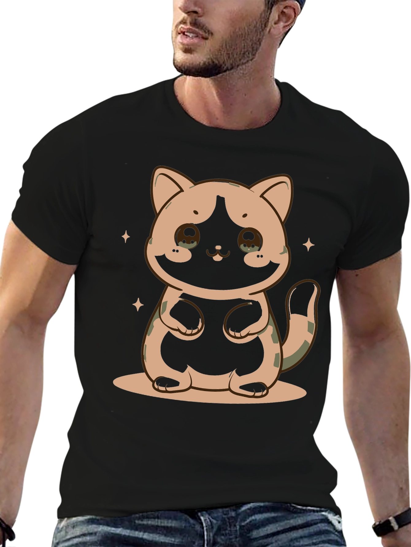 Cute Cat Graphic Print Black T-Shirt