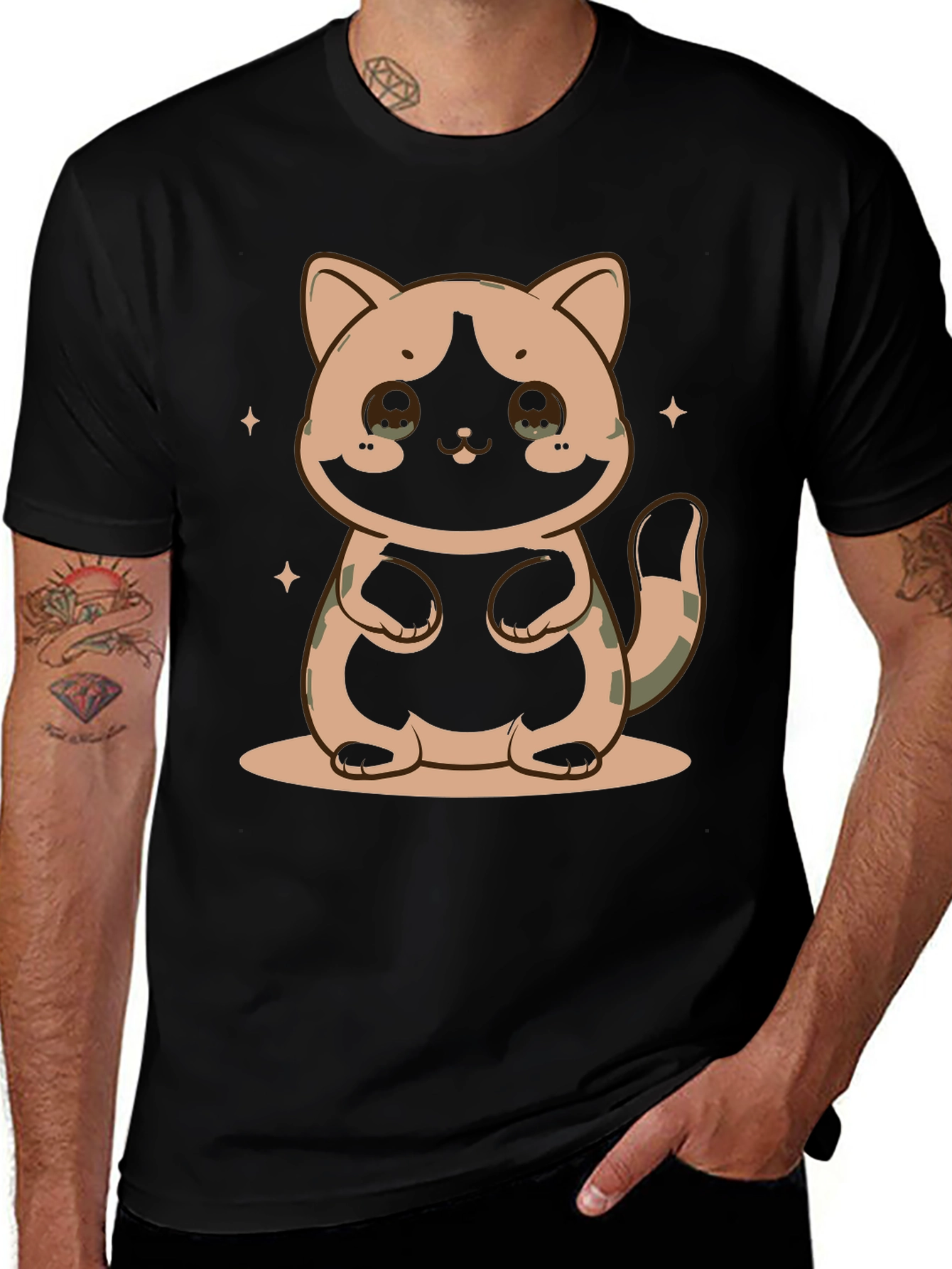 Cute Cat Graphic Print Black T-Shirt