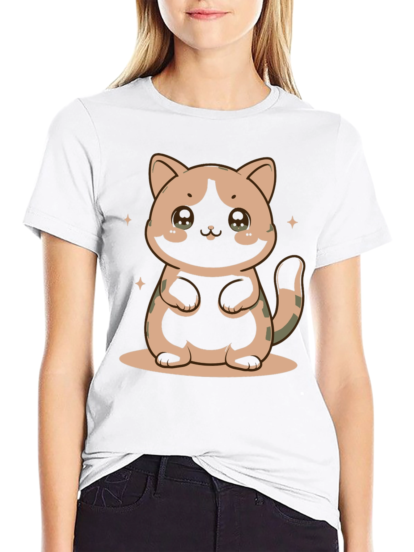 Cute Cat Graphic Print Black T-Shirt