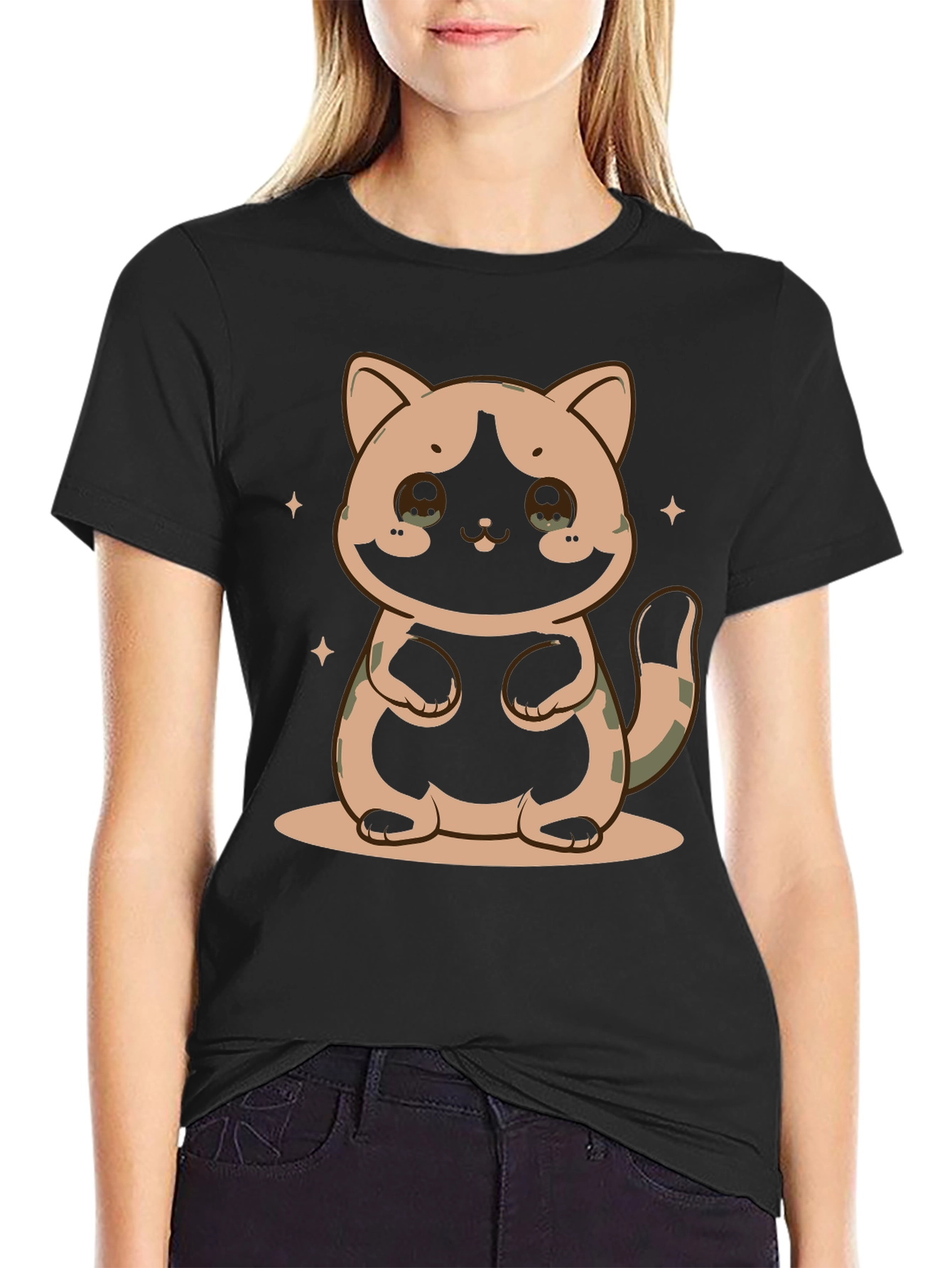 Cute Cat Graphic Print Black T-Shirt