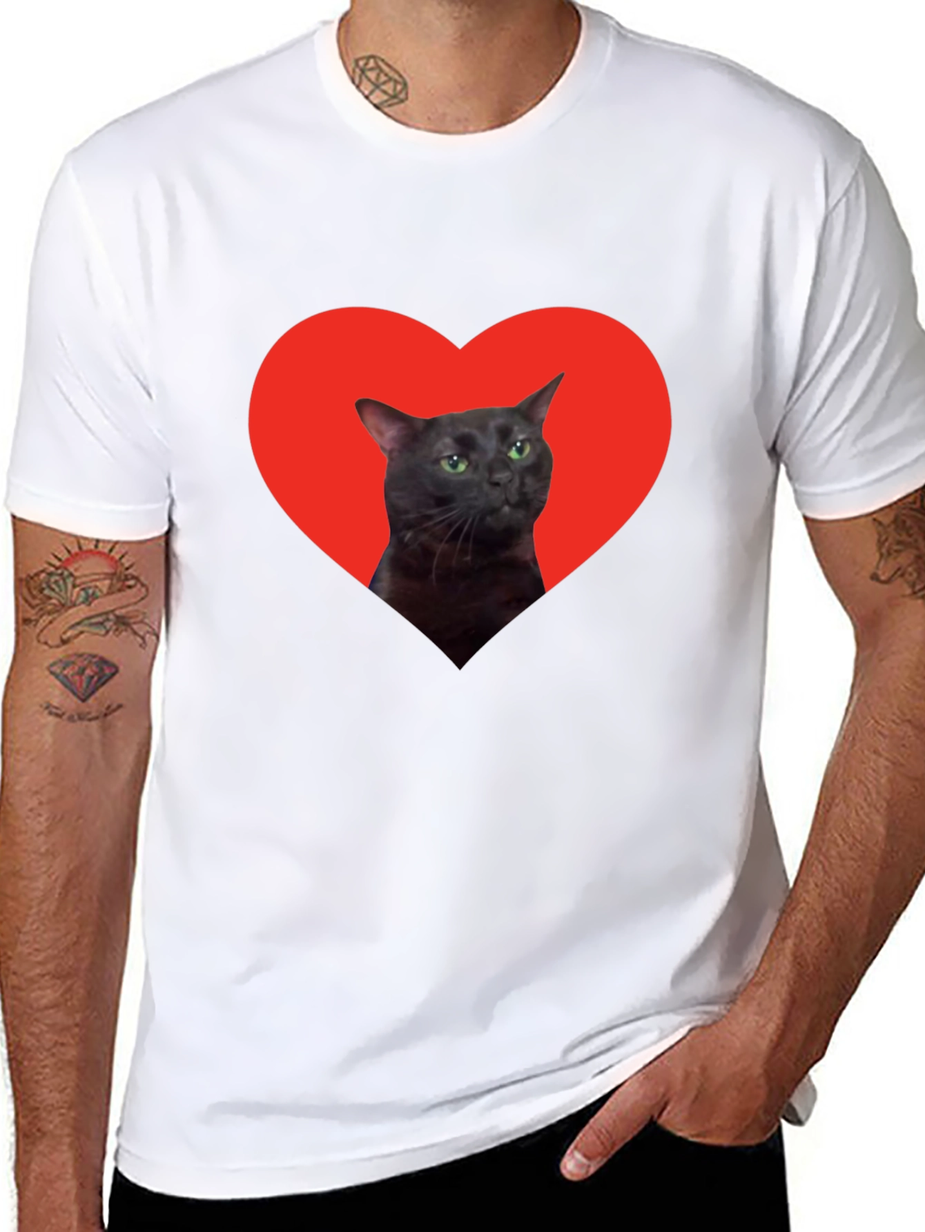 Cat Heart Graphic Tee - Black Cotton T-Shirt