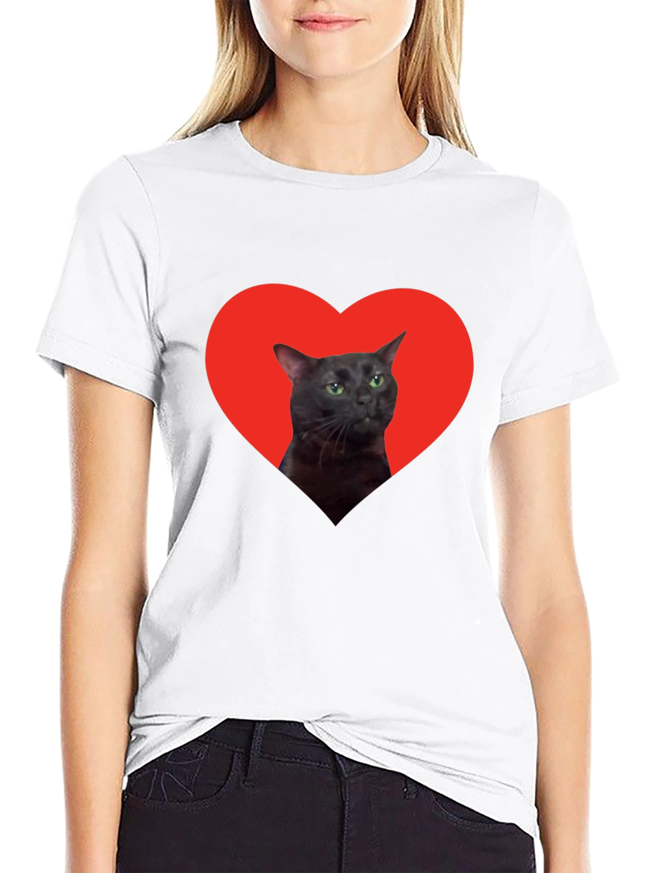Cat Heart Graphic Tee - Black Cotton T-Shirt