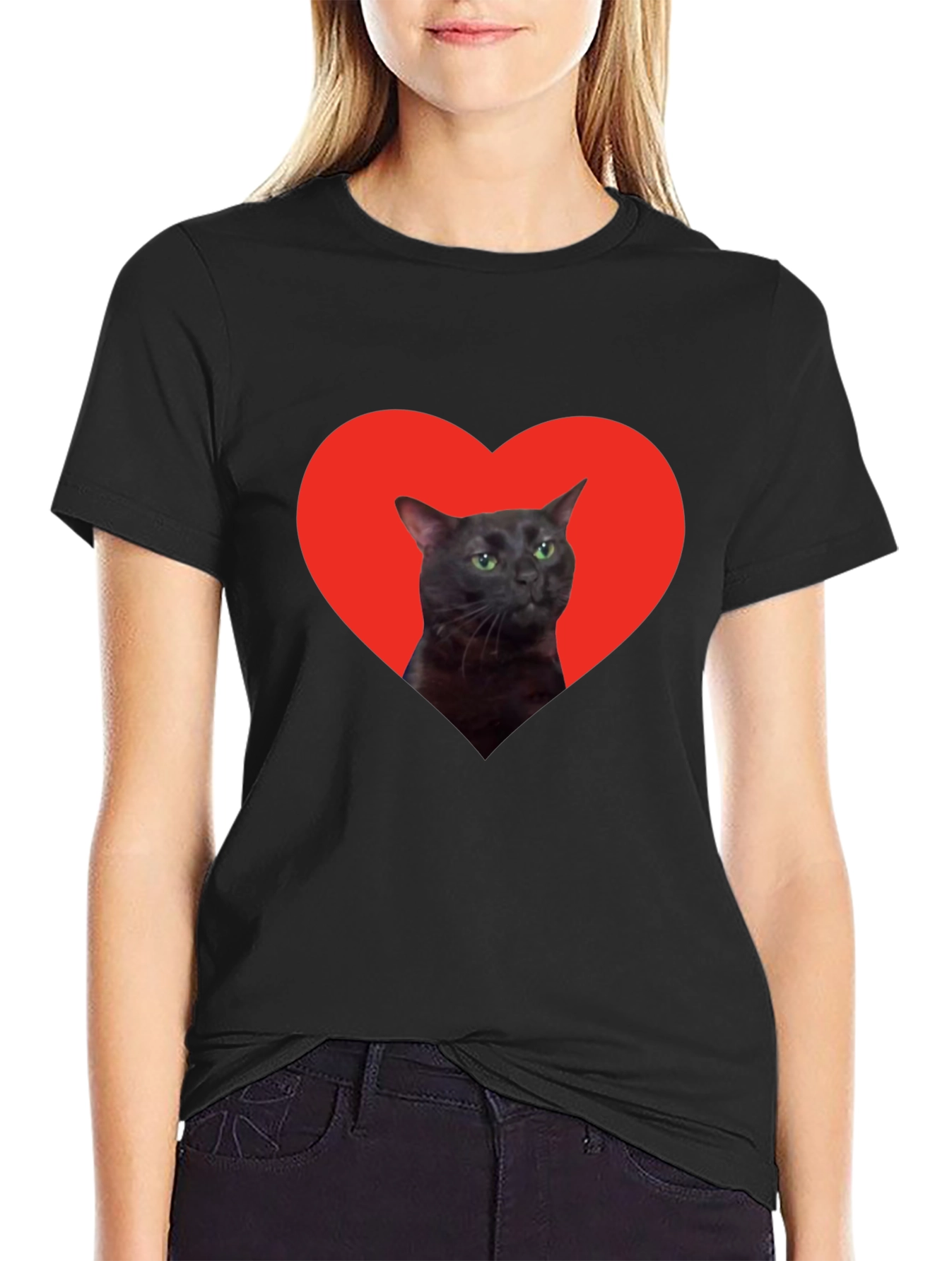 Cat Heart Graphic Tee - Black Cotton T-Shirt