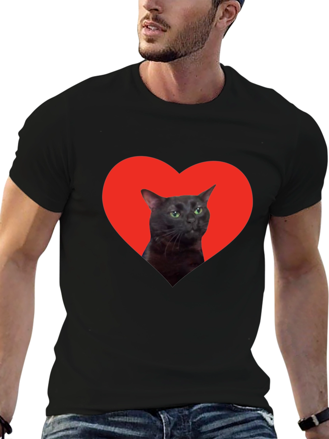 Cat Heart Graphic Tee - Black Cotton T-Shirt